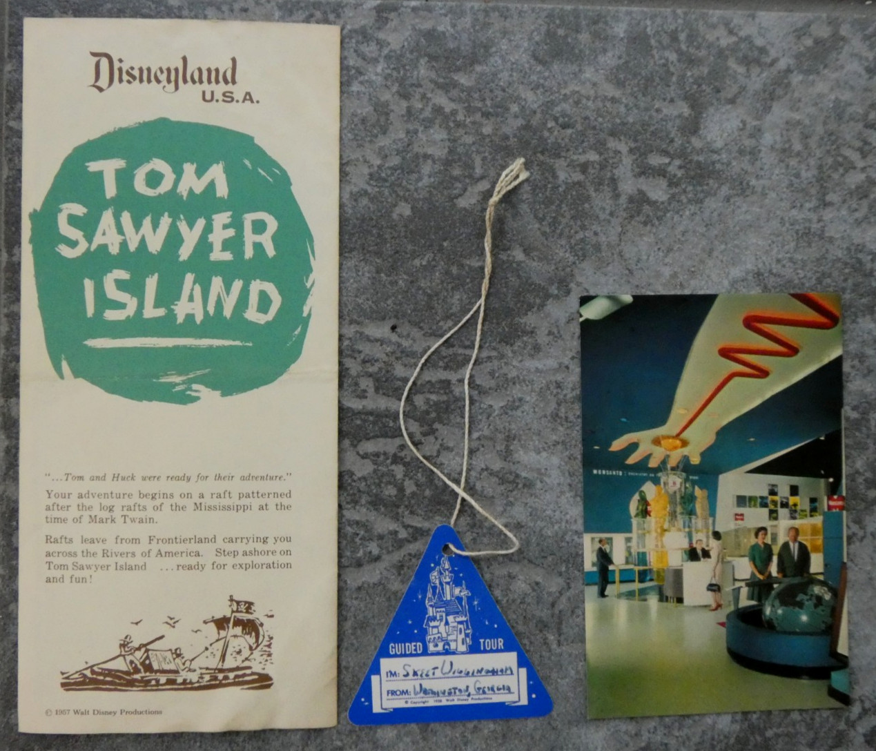 3 Vtg 1950s Disneyland Items-Guided Tour Badge Tom Sawyer Island Map Monsanto PC