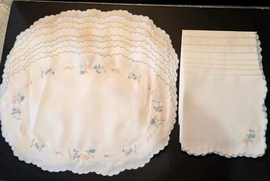 Vtg 1988 Embroidered 8 Placemats & 8 Napkins Scalloped Edge Petite Floral Eyelet Vtg 1988 Embroidered 8 Placemats & 8 Napkins Scalloped Edge Petite Floral Eyelet