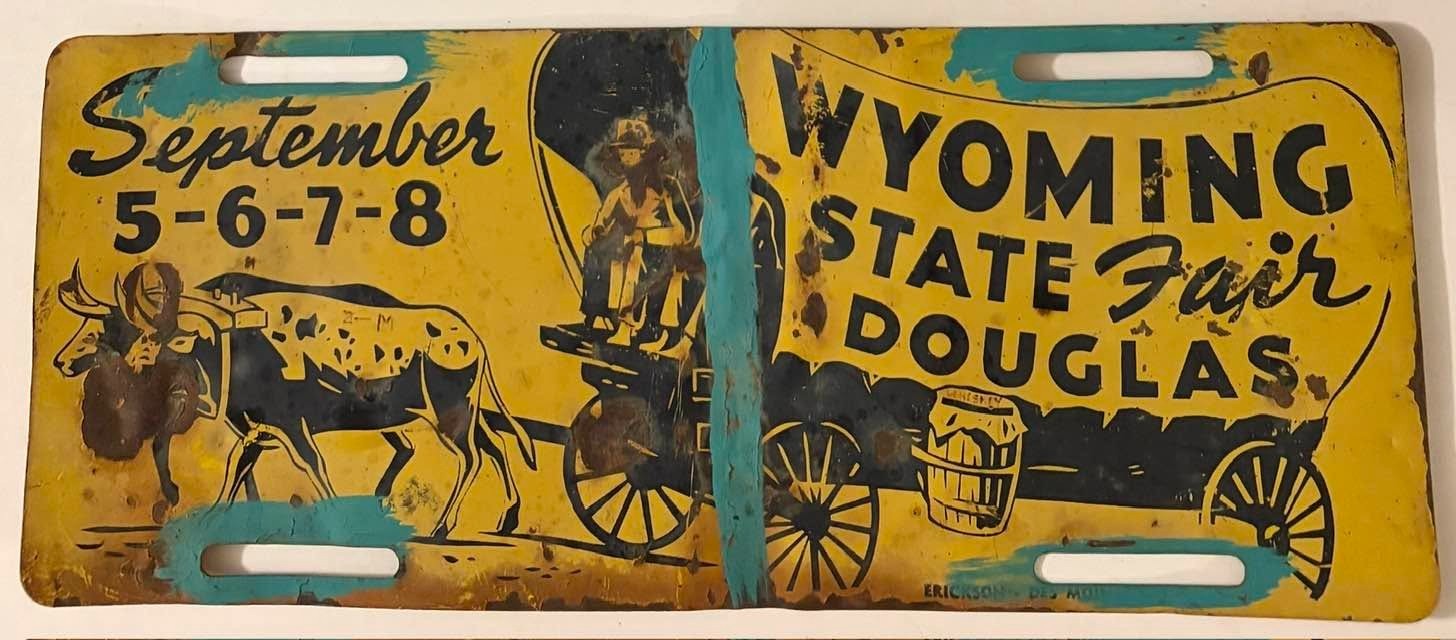 Vintage 1948 1950 1951 ? Wyoming State Fair License Plate Douglas Covered Wagon
