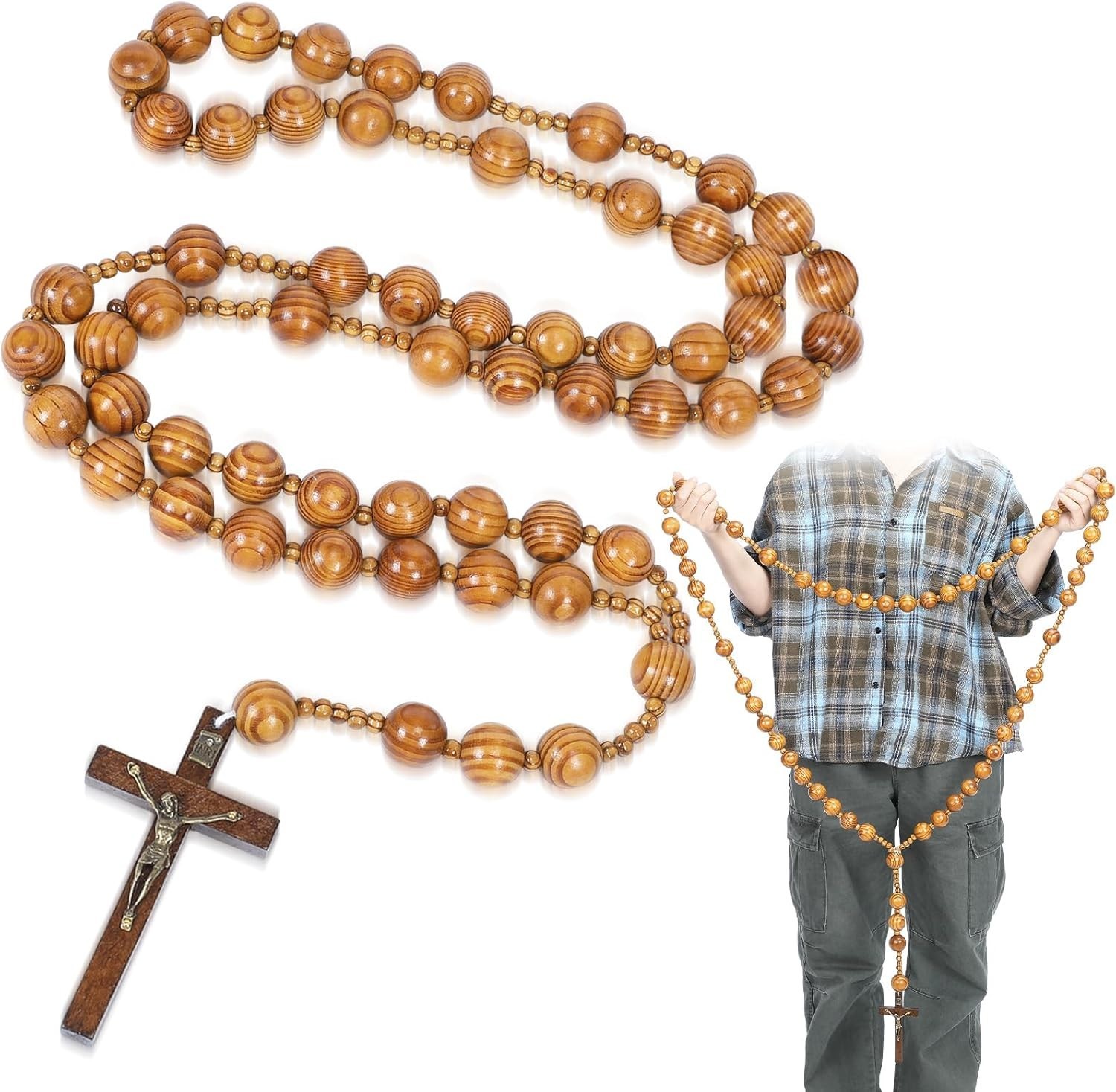 Giant Big Beads Rosario Natural Wood Jesus WOOD Cross XL Large 36 Giant Big Beads Rosario Natural Wood Jesus WOOD Cross XL Large 36