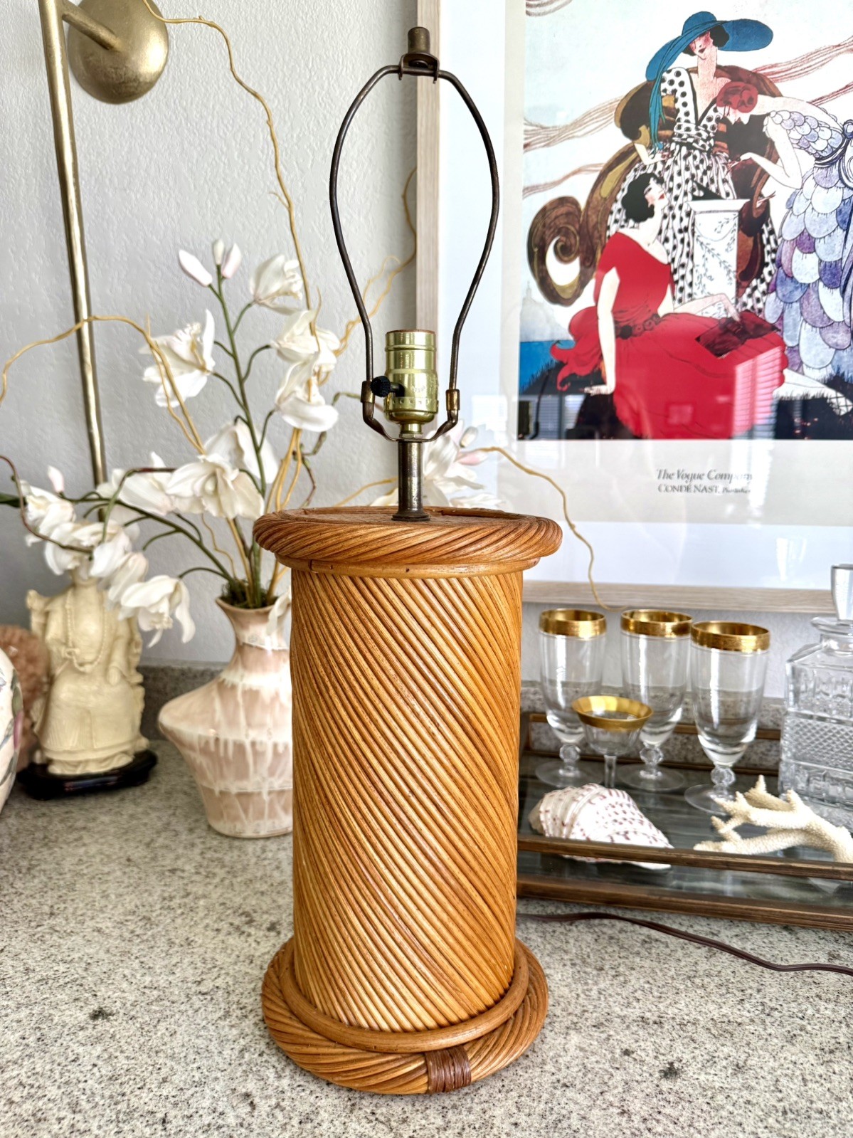 Vintage Pencil Reed Spiral Column Table Lamp Honey Color