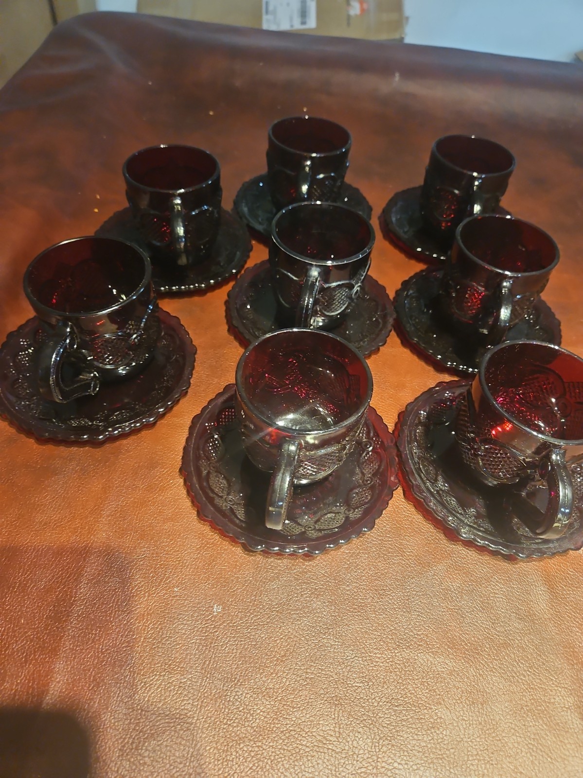 8 VTG AVON 1876 Cape Cod Ruby Red Glass Coffee/Tea Cup & Saucers  