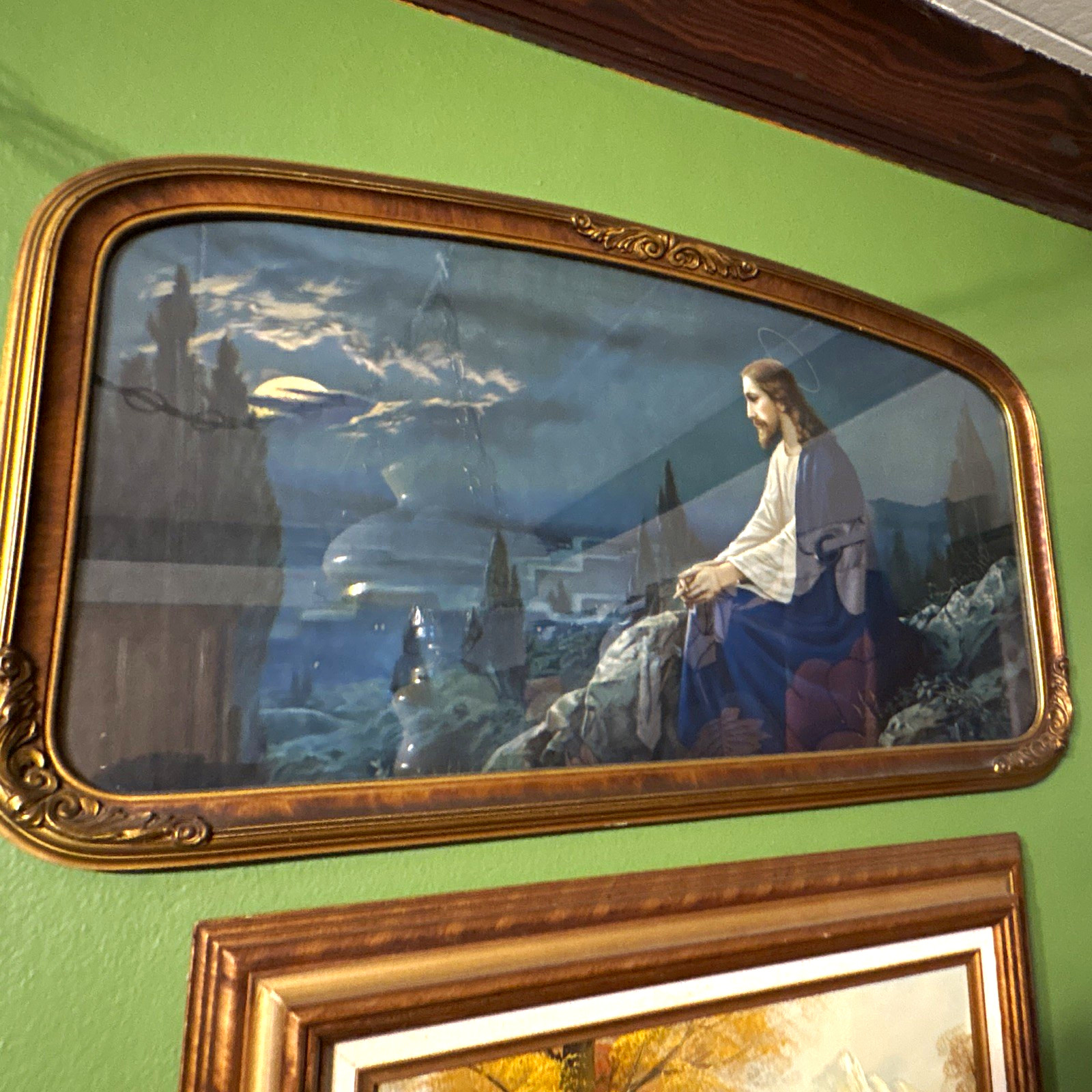 Large Christianity Framed Jesus Praying at Night Print in Ornate Gold-Tone Frame