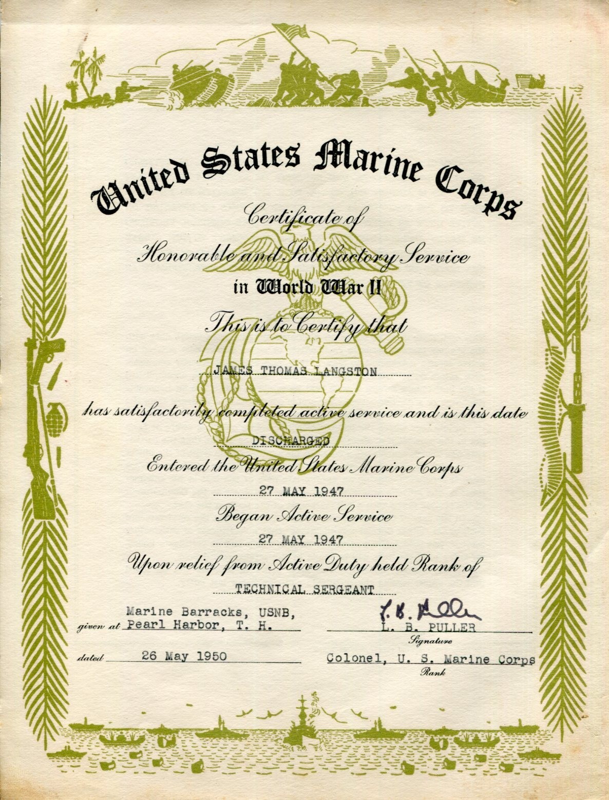 General Lewis Chesty Puller USMC US Marine Navy Cross Signed Autograph Grad LOA