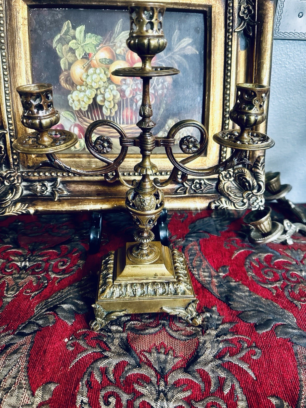 Vintage Antique  Neo Classic European Putti Lion Brass Candelabra Bronze Ormolu