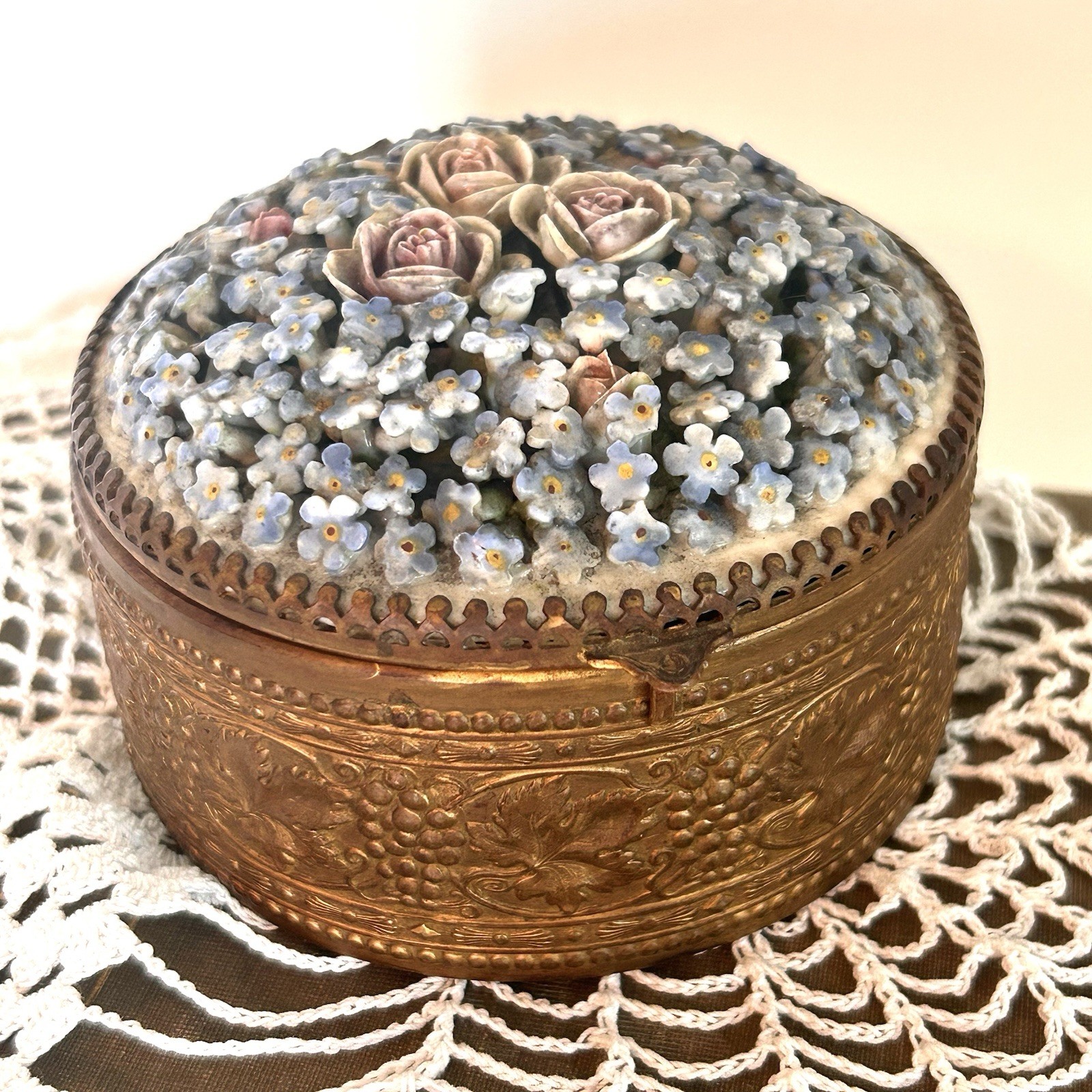 Antique Elfinware Trinket Dresser Jar Porcelain Blue Floral Ormolu Germany GVC