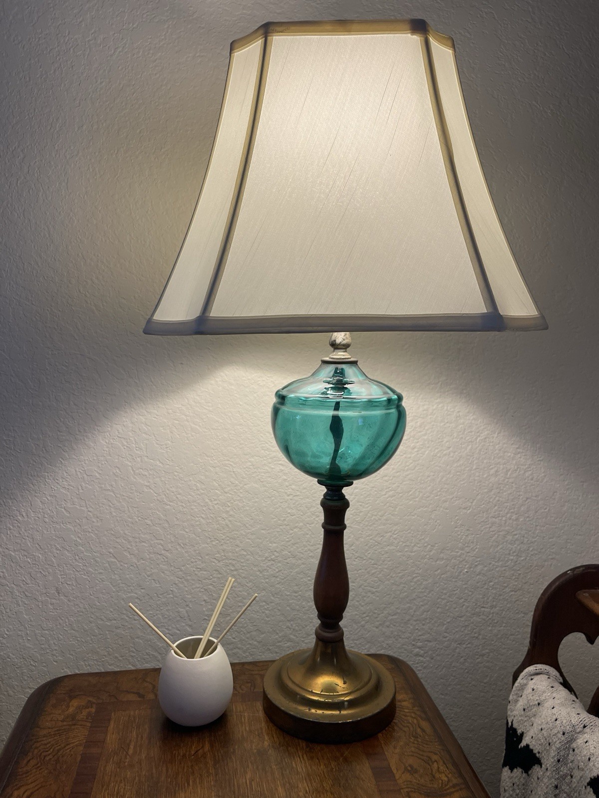 Vintage Mid-Century Modern Blenko Style teal blue glass wood & brass table lamp Vintage Mid-Century Modern Blenko Style teal blue glass wood & brass table lamp