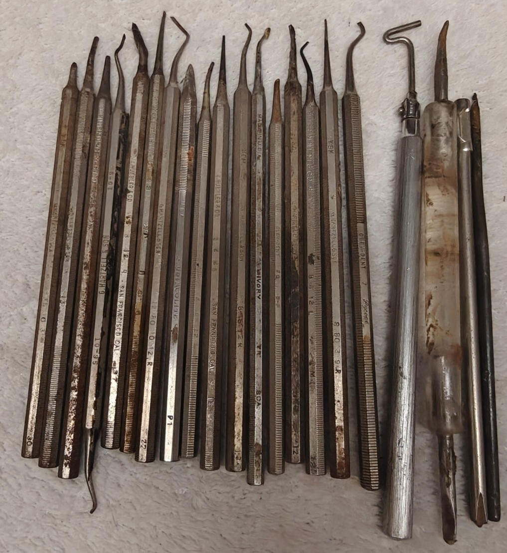 Antique Dental Tools Lot 21 Picks Scalers Huebler Hartzell Suter ClevDent