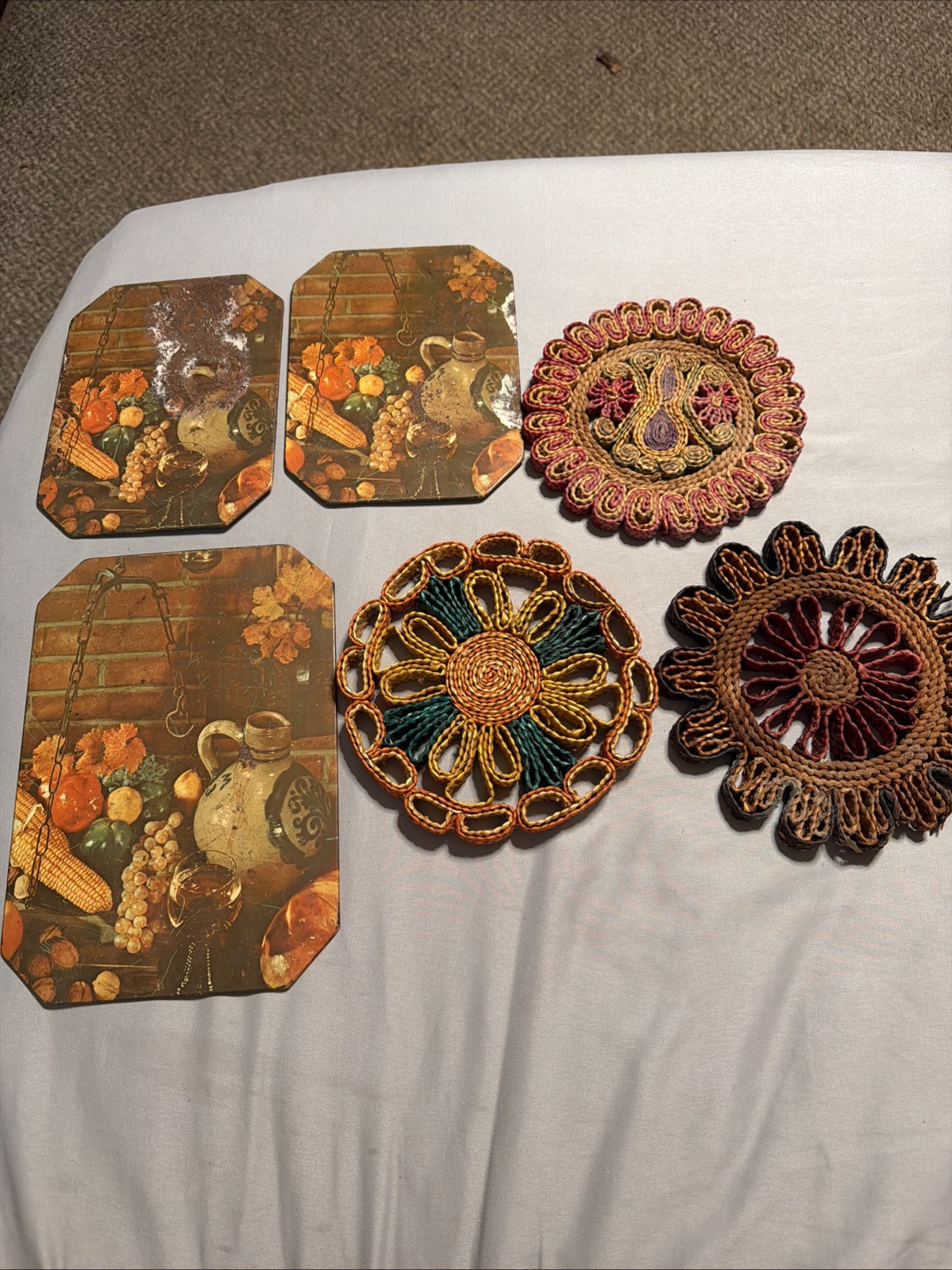 Vtg 70s Boho Kitchen Lot 6pc Ballonoff Insulated Harvest Hot Mats Straw Trivets