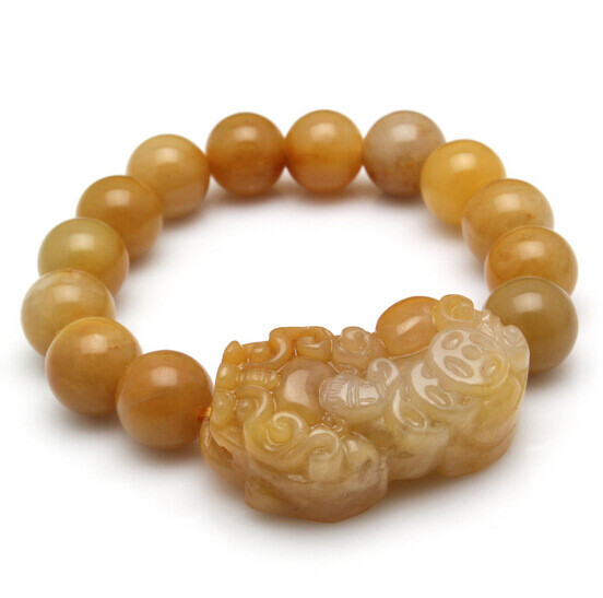 Antique Yellow Dragon Jade Pixiu Bracelet Round Bead Men Women\'s Retro Bracelet