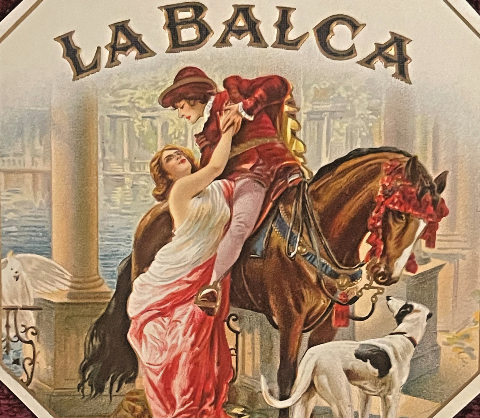 Antique La Balca Cigar Label 💛 1910s Gold Embossed Victorian Lovers NOS