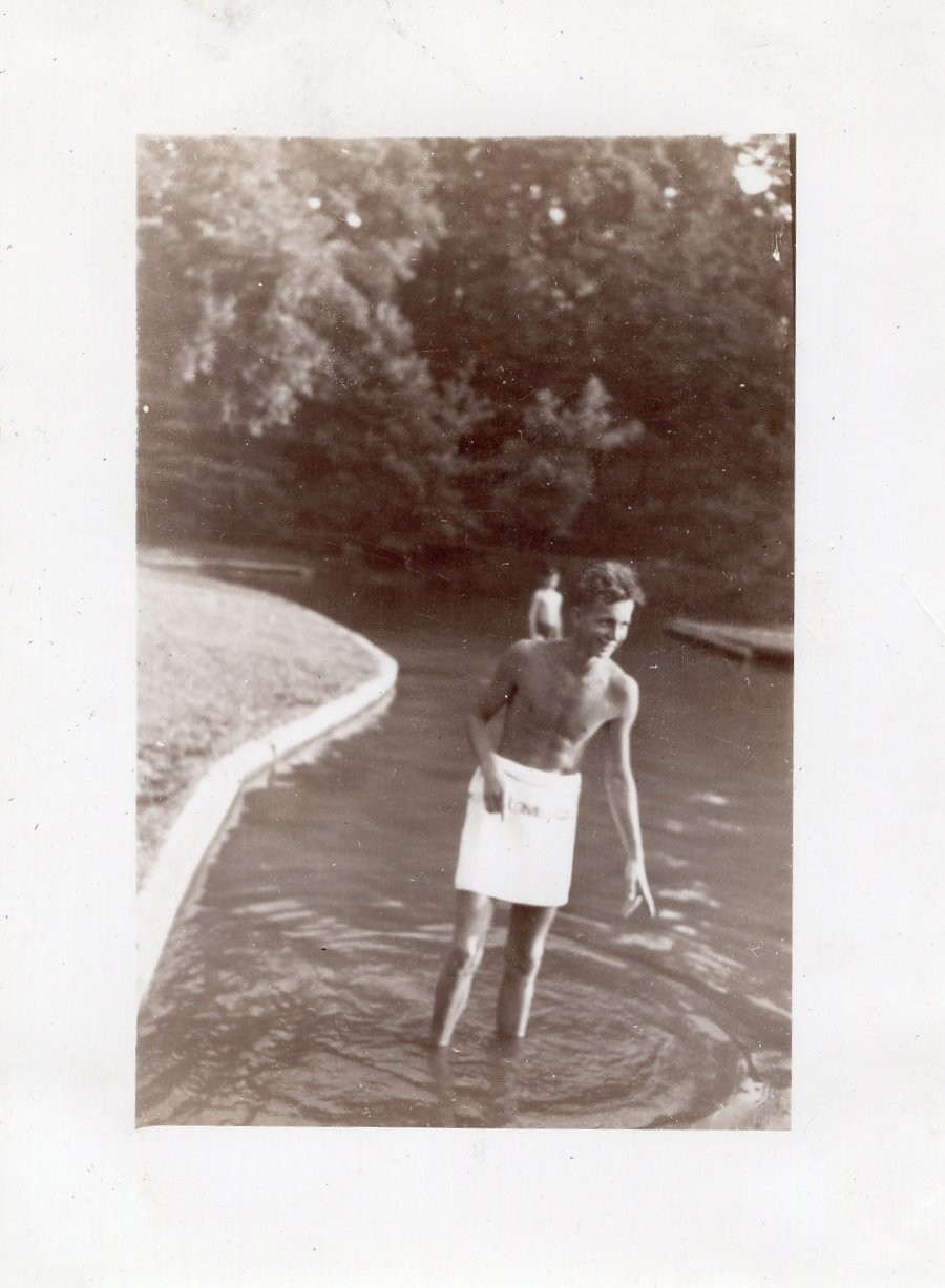 Beefy Ripped Shirtless Man Navy Sailor Walking Shallow Pond Photo Snapshot Vtg