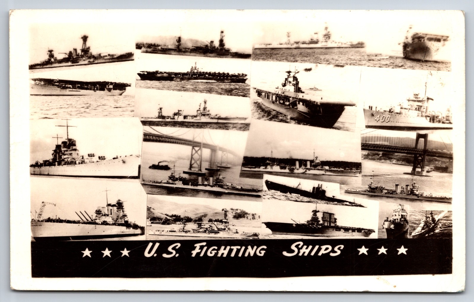 US Fighting Ships Collage of Naval Ships Battleships WWII c1940s Real Photo RPPC