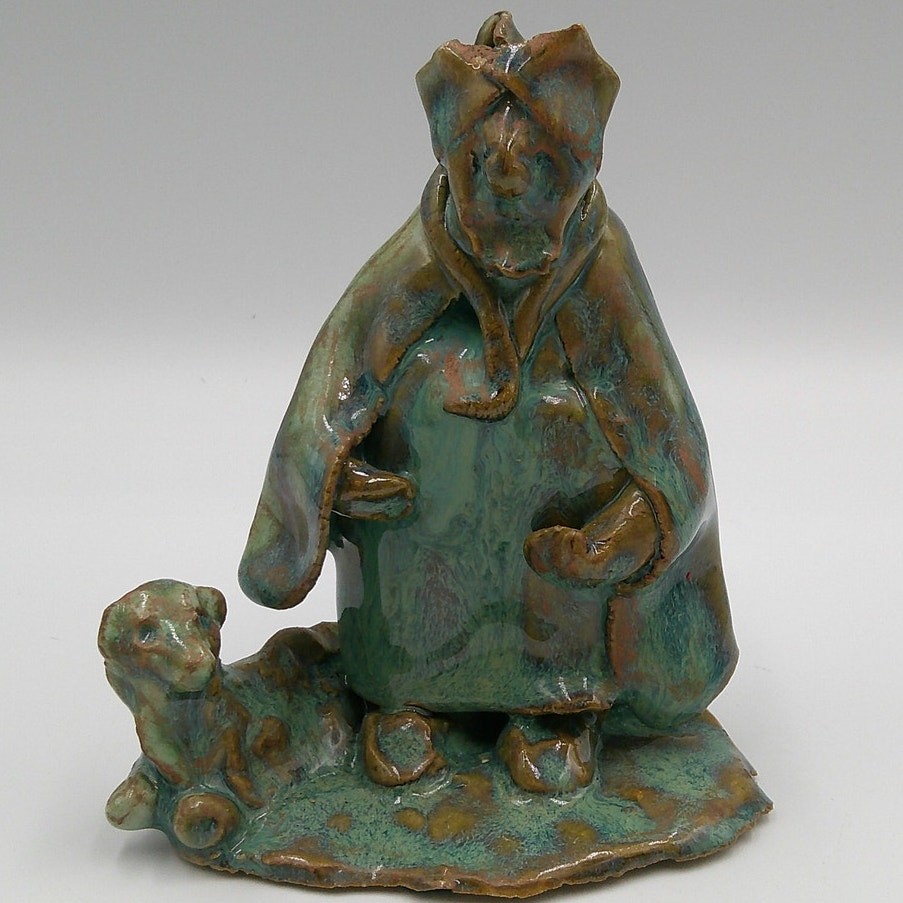 Vintage Studio Art Pottery Figurine Woman With Dog Glazed Stature Signed