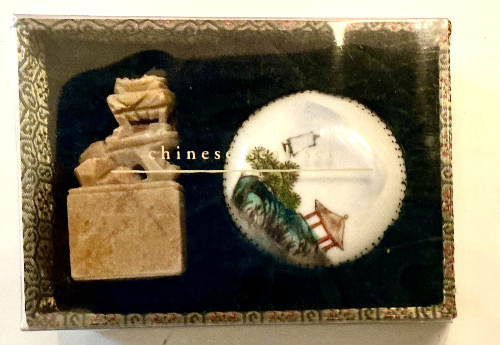 Vintage Pier 1 Chinese Stone Chop Double Happiness Seal Stamp Ink Pot NEW