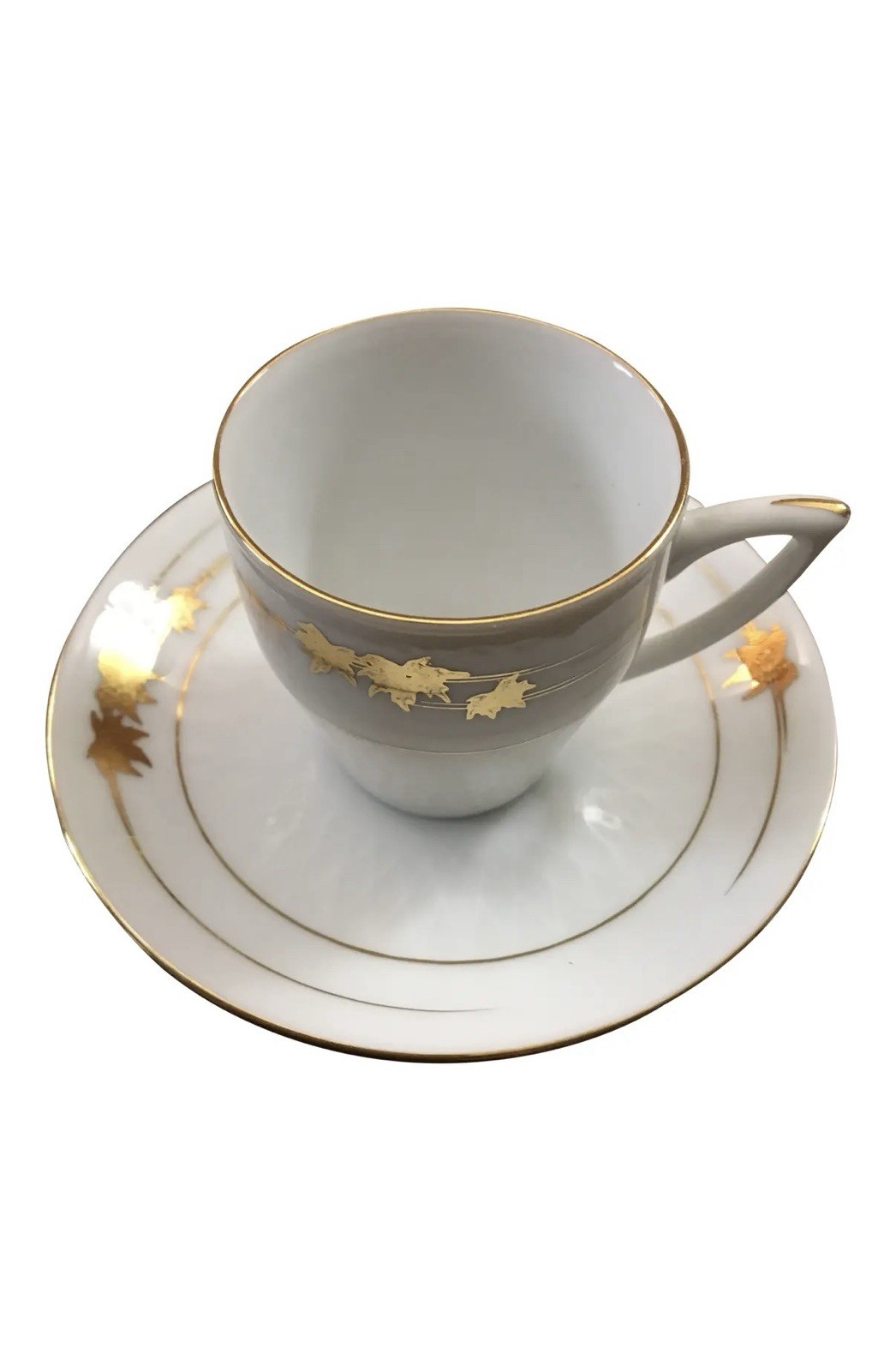 Vintage Jasba China Demitasse Cup & Saucer Gold Maple Leaf Design MCM Porcelain