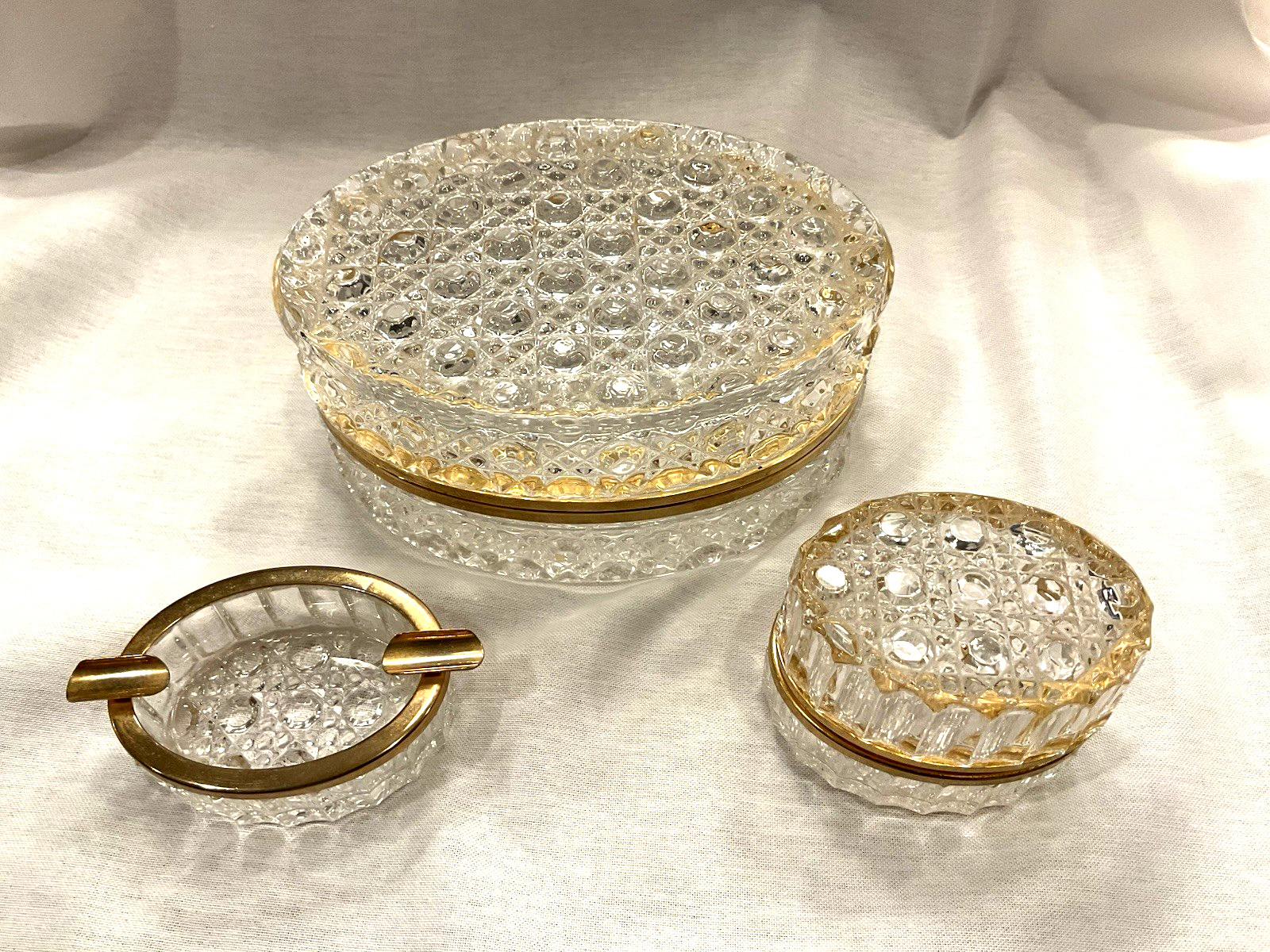 Westminster Baccarat Style Diamond Cut Crystal Trinket Boxes & Ashtray VINTAGE