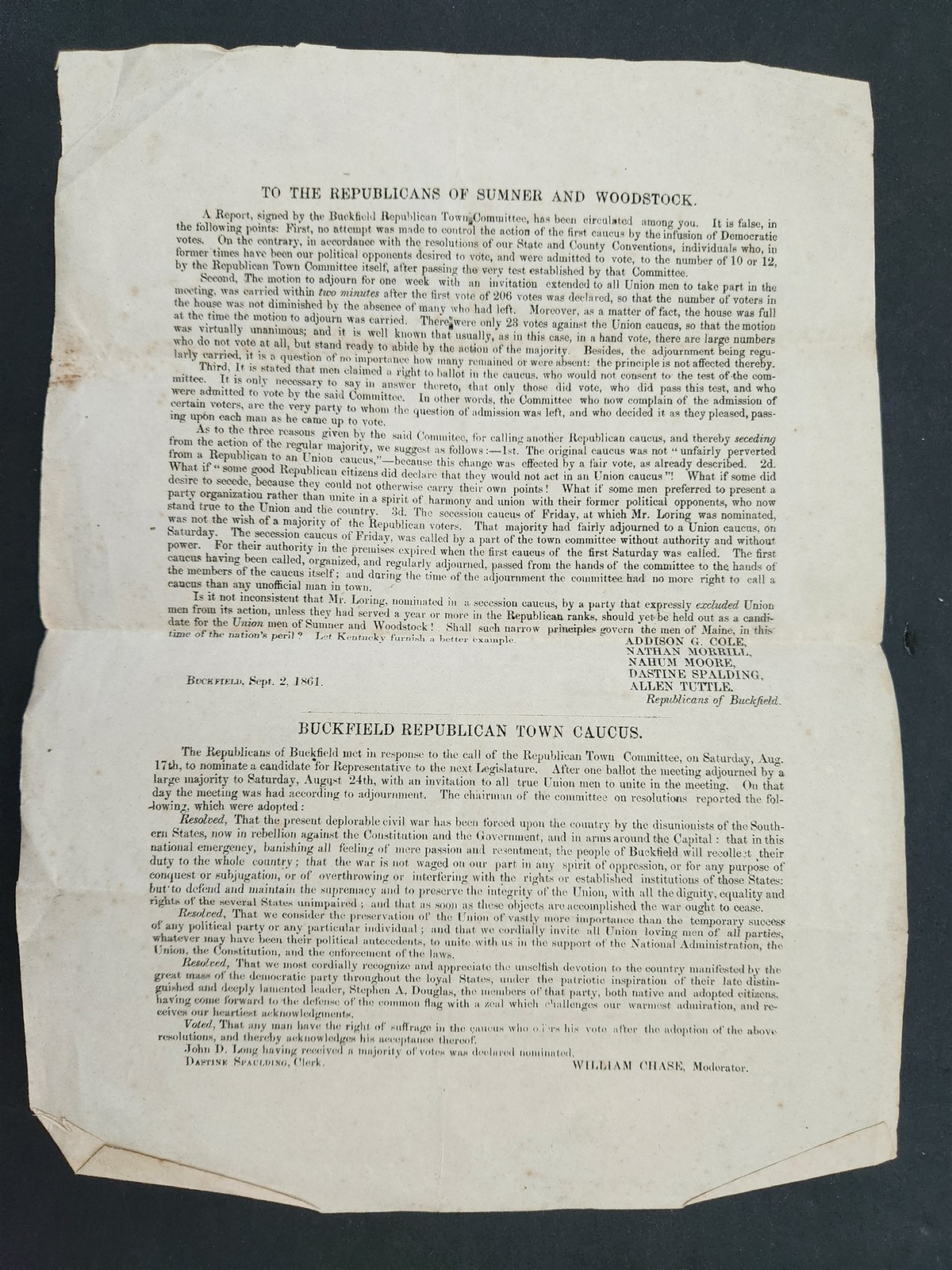 1861 antique CIVIL WAR BROADSIDE buckfield me REPUBLICAN caucus UNION history