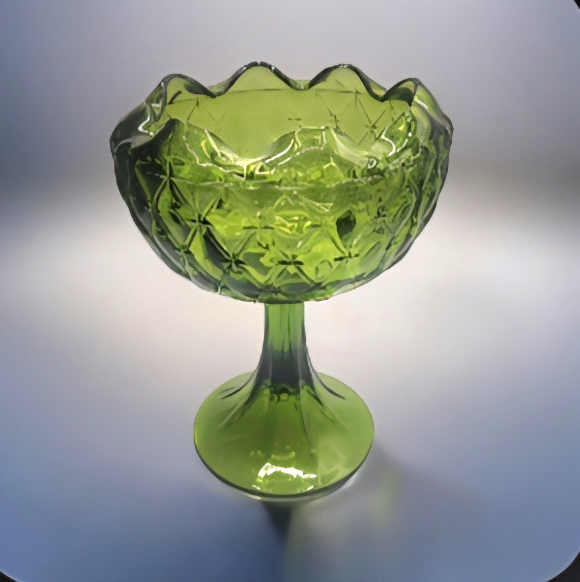 Vtg Indiana Glass Green Pedestal Candy Dish Diamond  Quilt Pattern Scalloped Rim