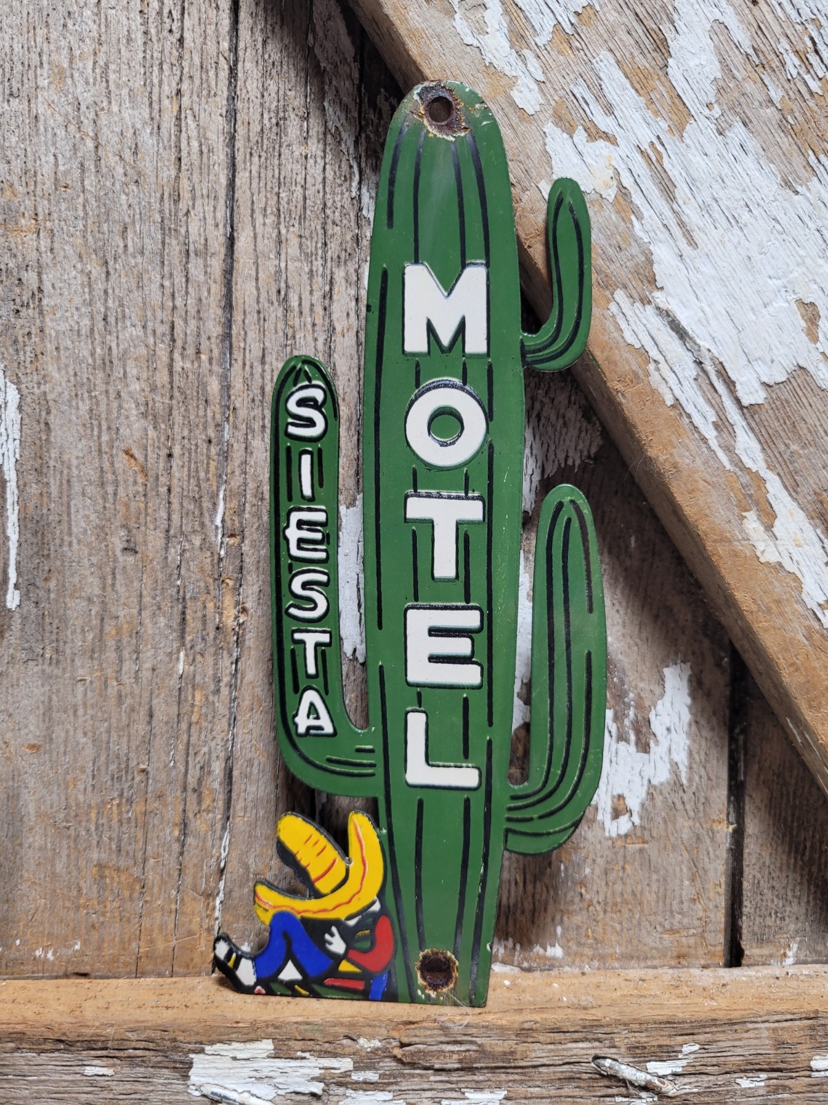 VINTAGE SIESTA MOTEL PORCELAIN SIGN OLD CALIFORNIA MEXICO HOTEL CACTUS SOMBRERO
