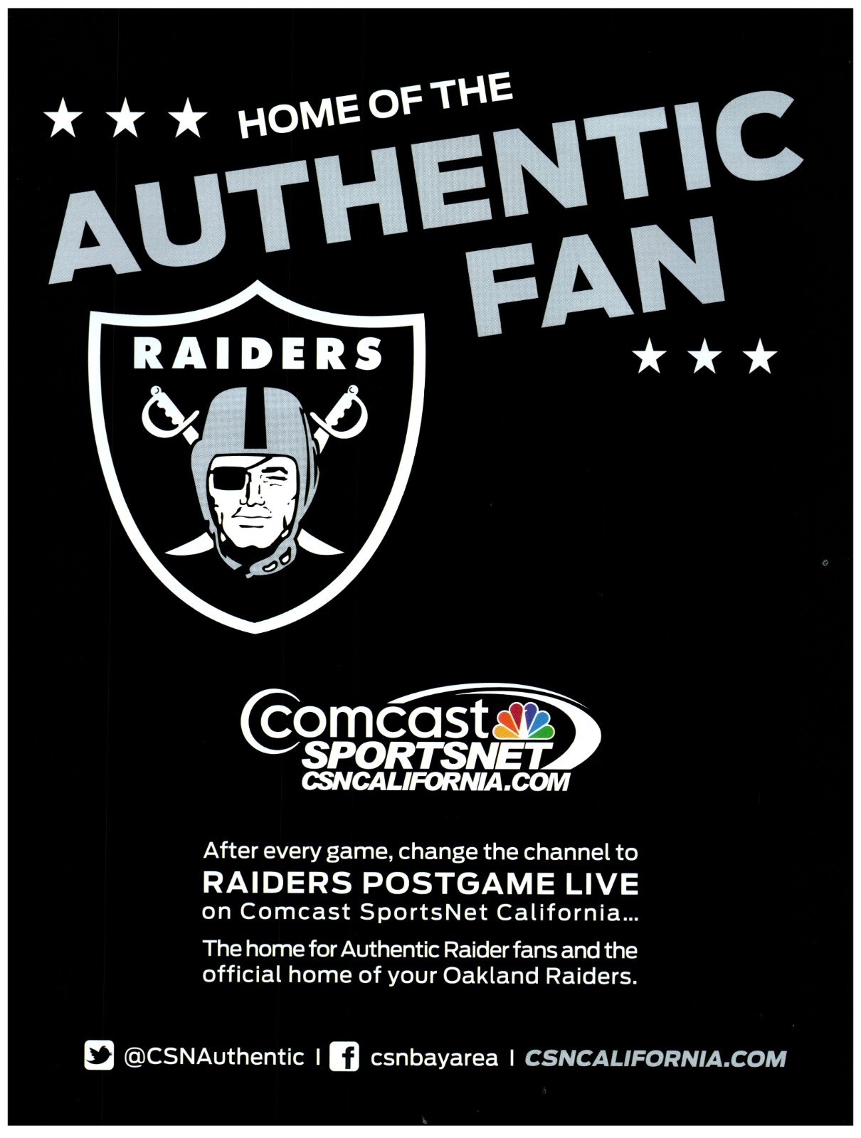 PRINT AD, 2012 Comcast Sportsnet Bay Home of the Authentic Fan Oakland Raiders