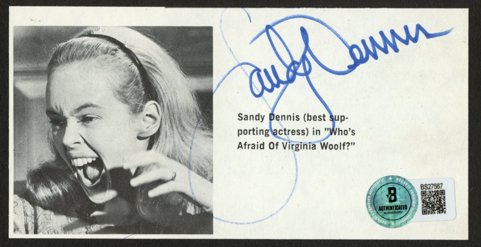 Sandy Dennis signed auto 2.5x5.5 book photo Who\'s Afraid of Virginia Woolf BAS