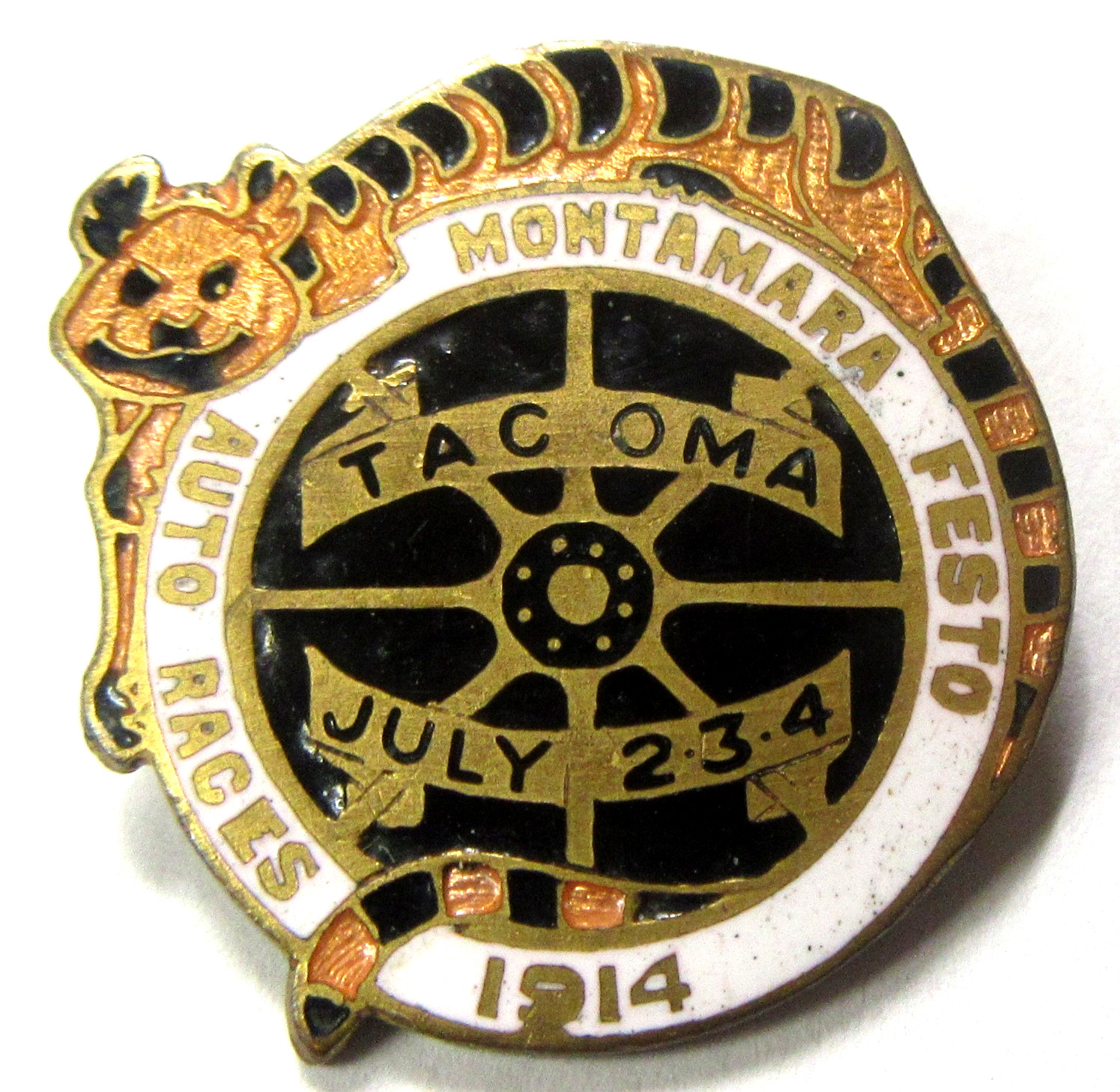 rare 1914 TACOMA MONTAMARA FESTO AUTO RACES Tacoma Wash. enamel pin BASEBALL