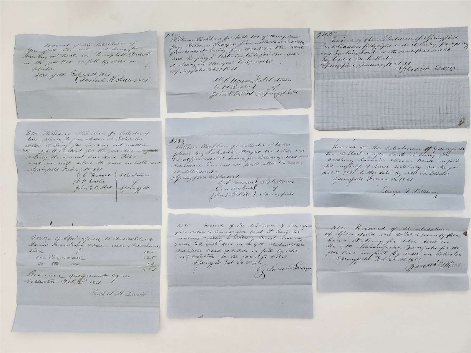 1861 antique ROAD WORK springfield ma RECEIPTS 9pc ADAMS DAVIS MORGAN SANGER +