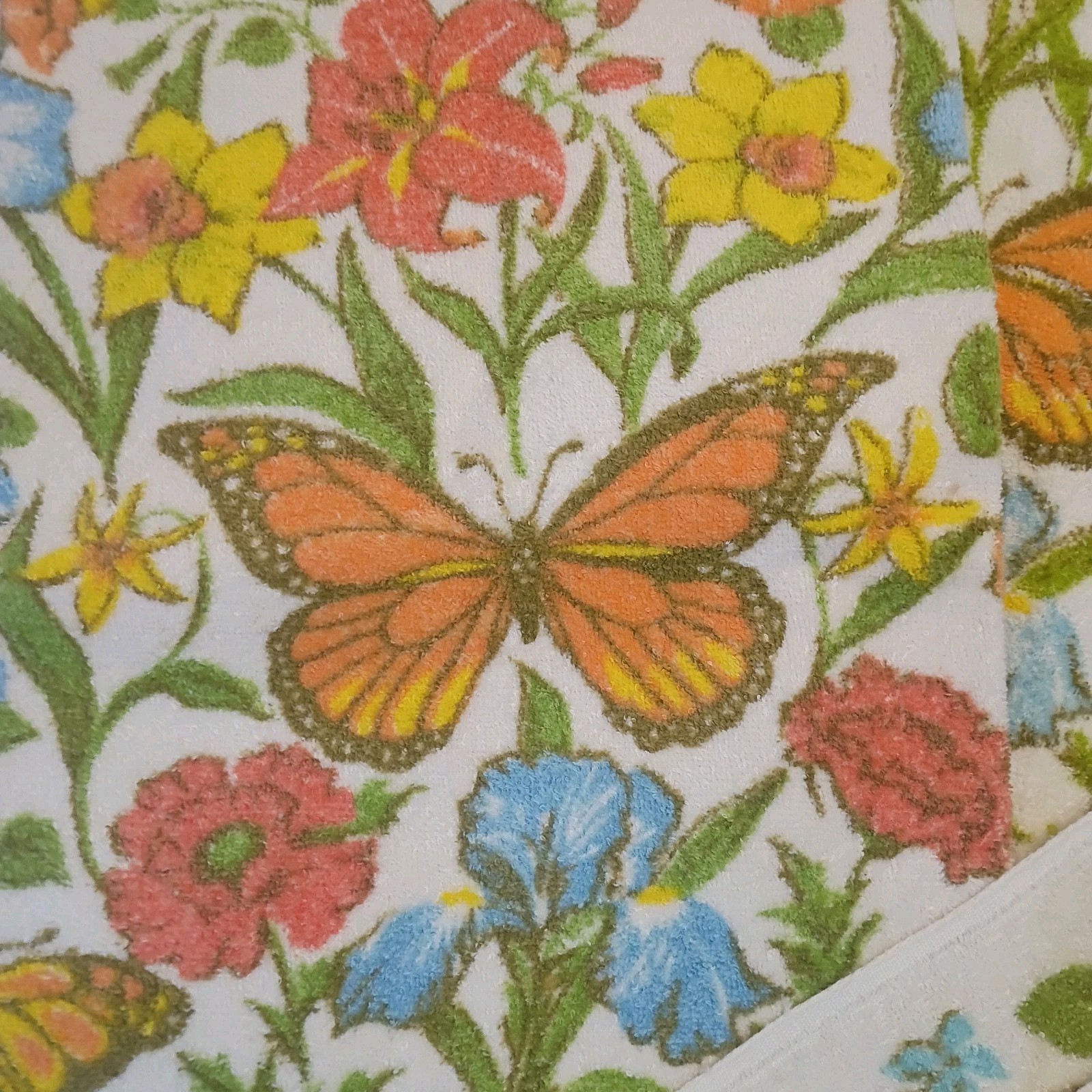 Vintage Set 4 Bath Hand Towel Set Dundee Floral 60s 70s Butterflies Fringe MCM