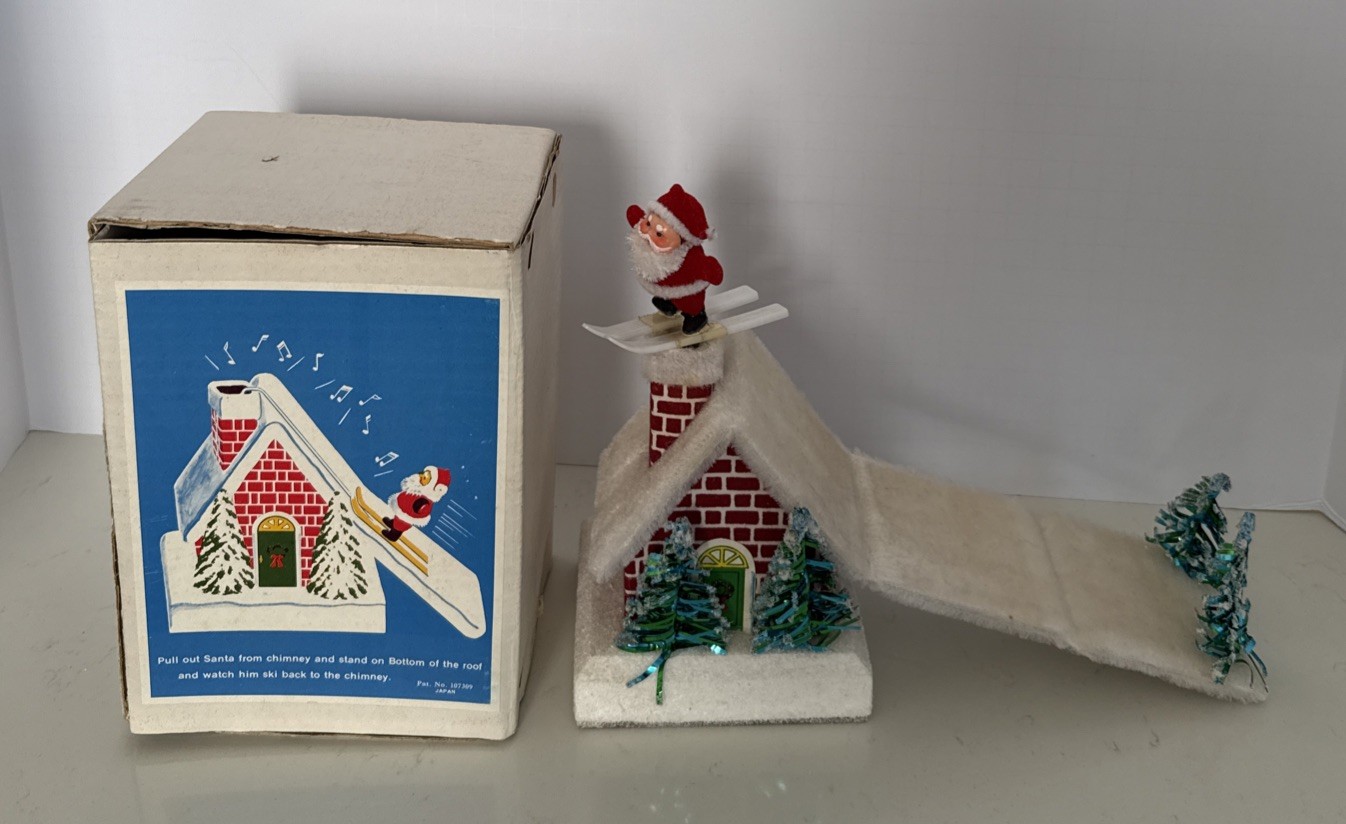 RARE Vintage 1960s Santa Pull String Skiing Onto House Japan w/Box (Not Working) RARE Vintage 1960s Santa Pull String Skiing Onto House Japan w/Box (Not Working)