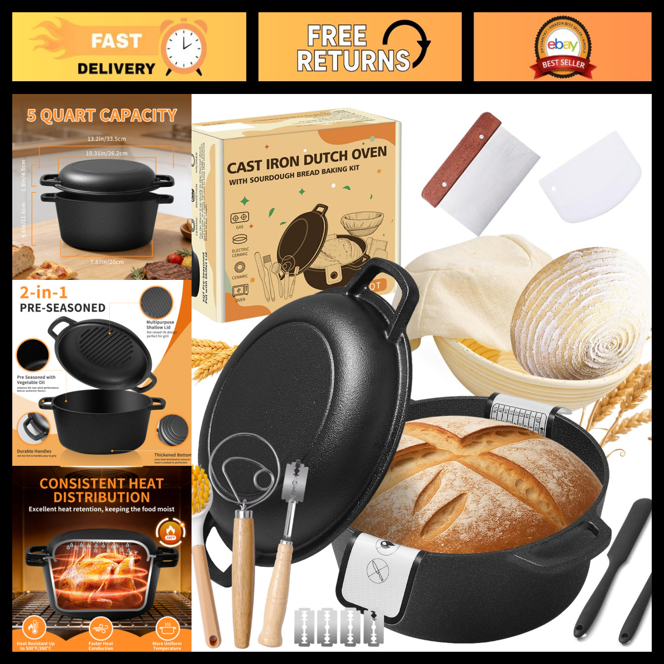 5QT Pre-Seasoned Cast Iron Dutch Oven for Bread Baking & Sourdough Tools Set