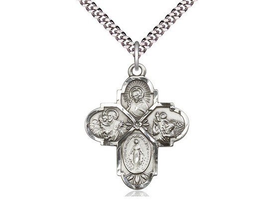 Pewter 4-Way Catholic Holy Medal Pendant Necklace 24