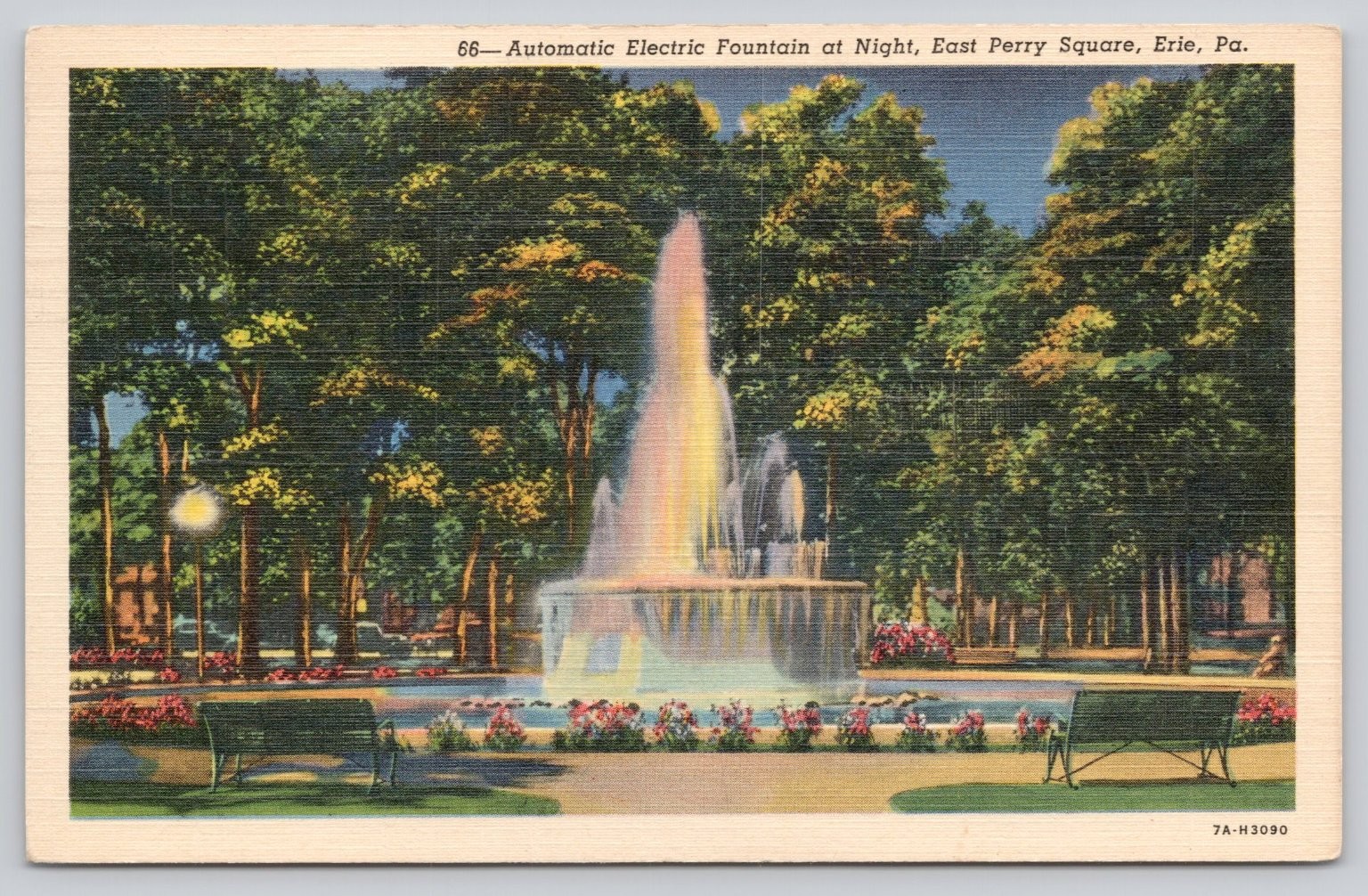 Erie PA 1942 East Perry Square Automatic Electric Fountain Linen Postcard Erie PA 1942 East Perry Square Automatic Electric Fountain Linen Postcard