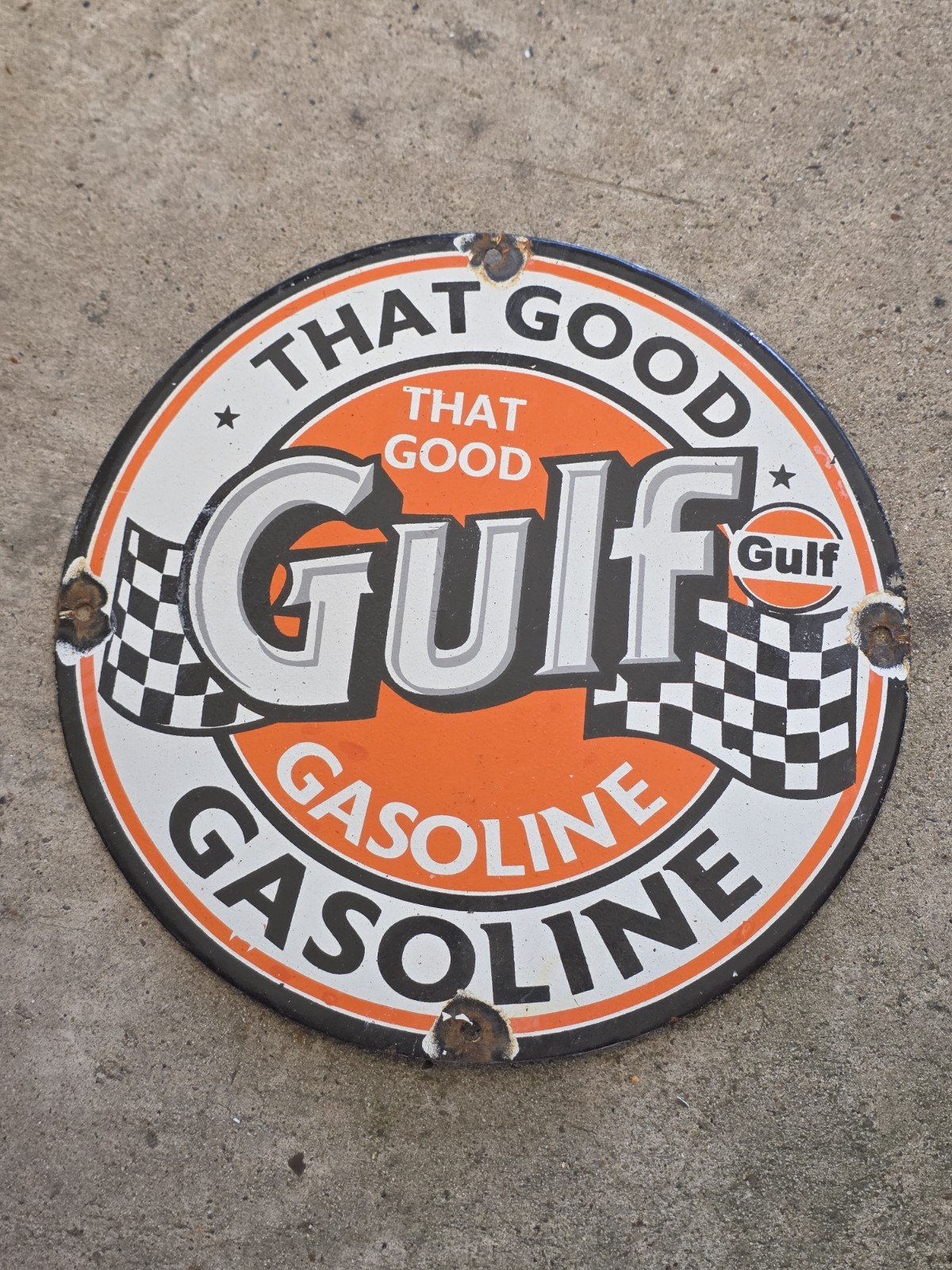 VINTAGE “THAT GOOD GULF “GASOLINE PORCELAIN GAS PUMP MOTOR OIL SIGN 12 VINTAGE “THAT GOOD GULF “GASOLINE PORCELAIN GAS PUMP MOTOR OIL SIGN 12
