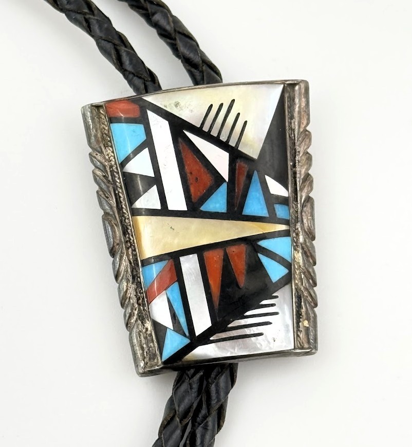 Vtg Richard Curley RCC Sterling Silver Southwestern Inlay Bolo Tie Multi Stone