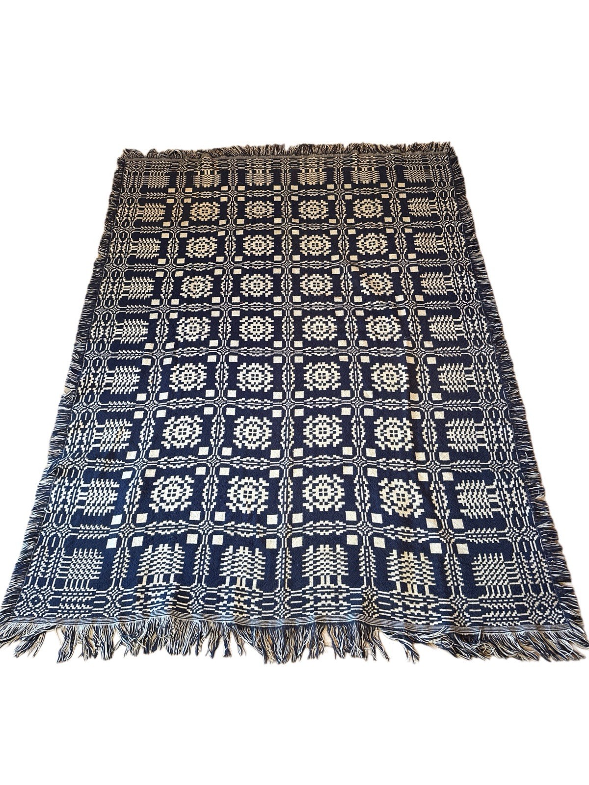 Vintage Goodwin Guild Navy and Cream Coverlet 100% Cotton Hand Woven  50\