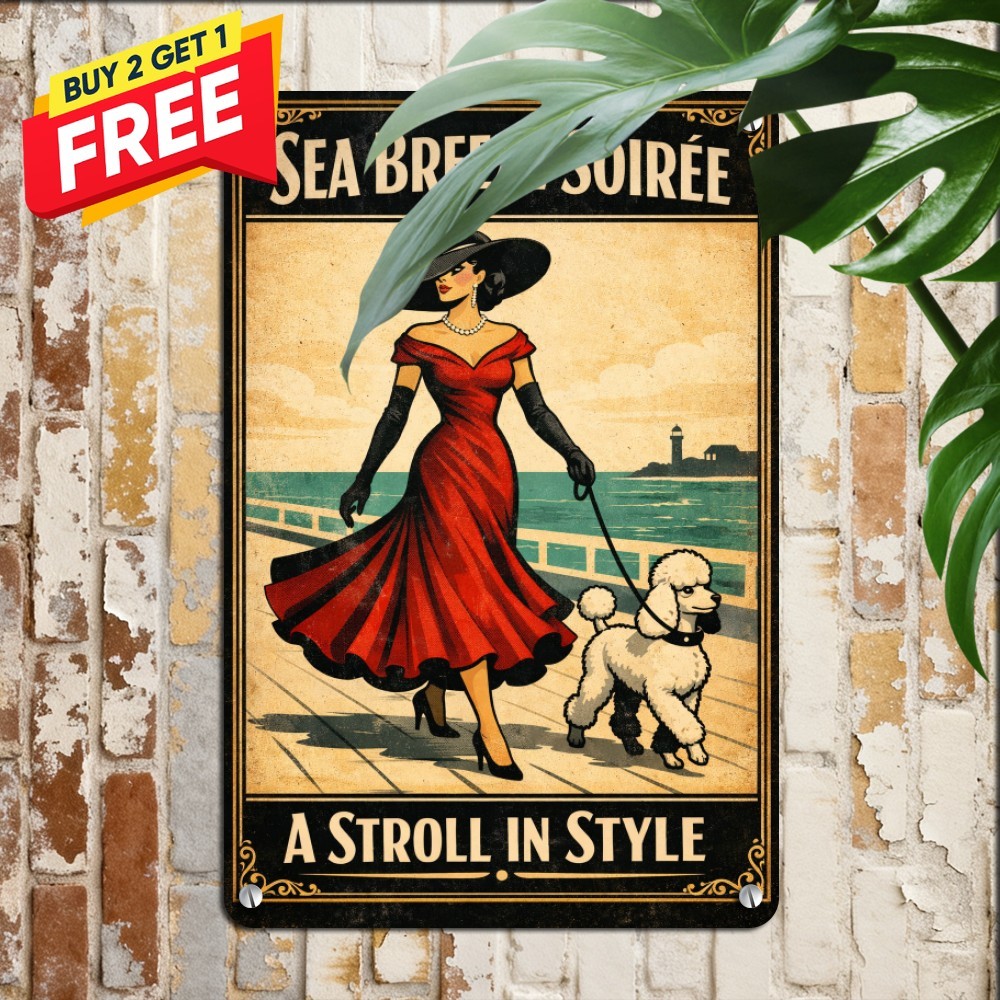 Happy Girl with Poodle Dog Tin Sign Rustic Pet Lover Wall Art Plaque