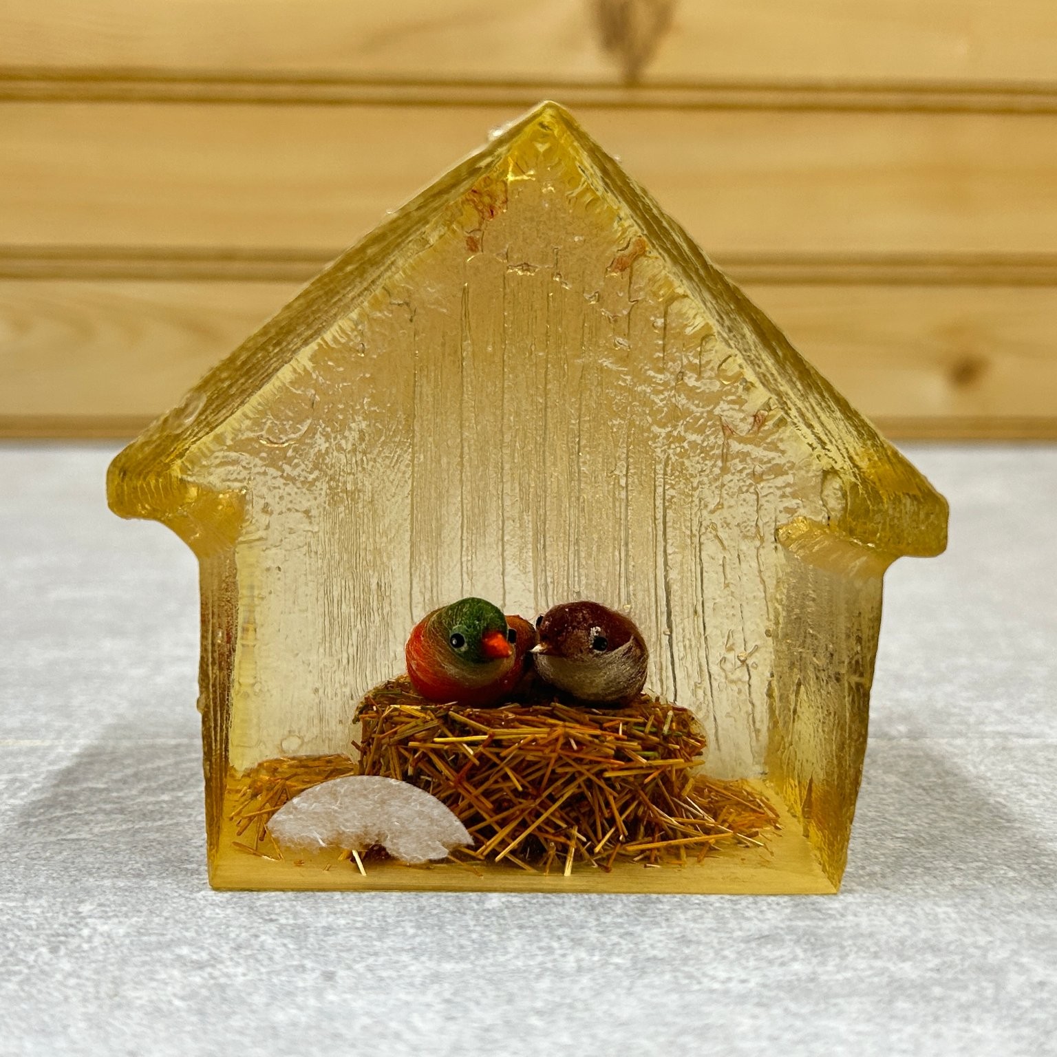 Vintage Daisyglas Lucite Birdhouse Paperweight with Nesting Birds 3in Vintage Daisyglas Lucite Birdhouse Paperweight with Nesting Birds 3in