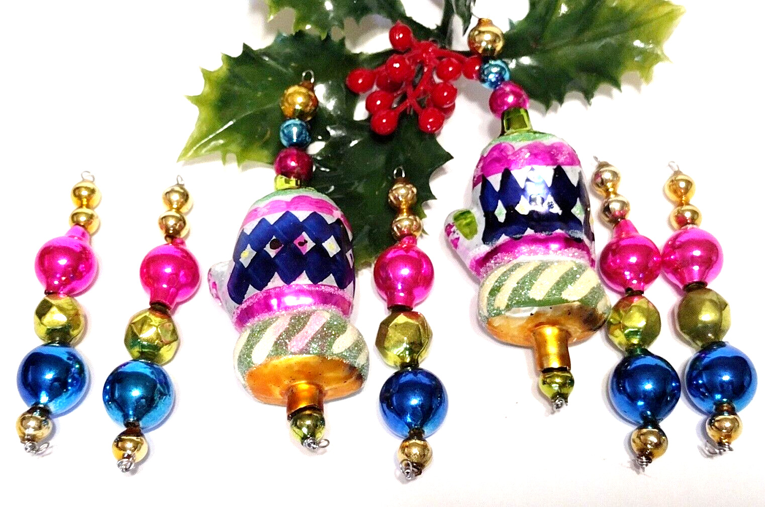 Mercury Glass Bead Icicles Christmas Ornaments 7 Pair MITTENS Faceted vtg #151