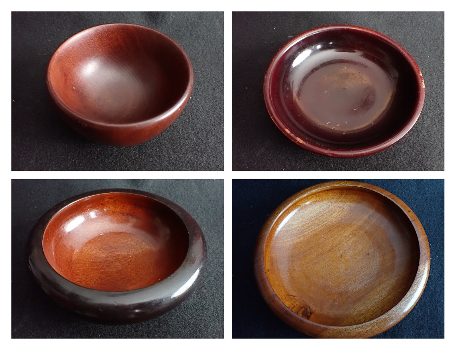 Vintage Lot of 4 Turned Wood Bowls Red Lacquer Black Rim Wooden Trinket Decor