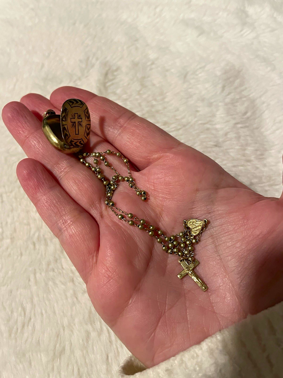 Rare Antique Signed Mini Bliss Brothers Gold Tone Locket Cross Pendant w/ Rosary Rare Antique Signed Mini Bliss Brothers Gold Tone Locket Cross Pendant w/ Rosary