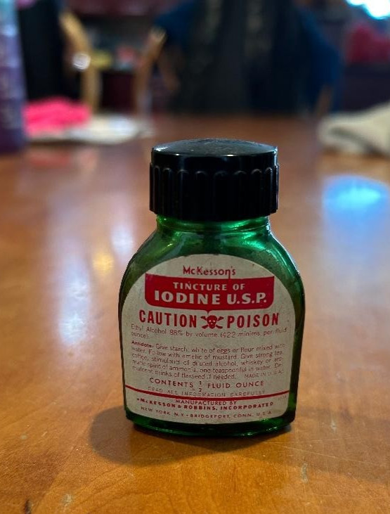 Vintage McKesson\'s Tincture of Iodine Poison Green Empty Bottle Jar Apothecary