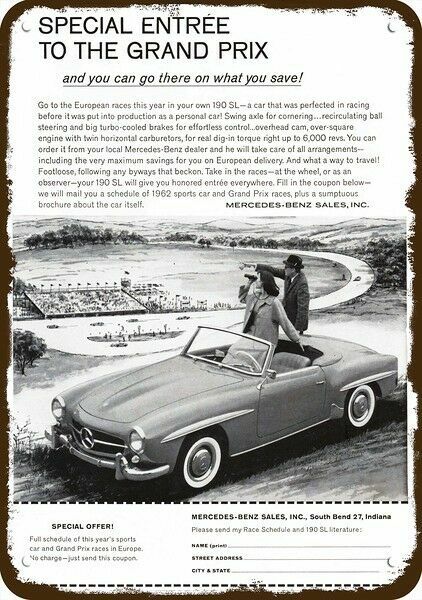 1962 MERCEDES BENZ 190SL Convertible Car Vnt-Look DECORATIVE REPLICA METAL SIGN 1962 MERCEDES BENZ 190SL Convertible Car Vnt-Look DECORATIVE REPLICA METAL SIGN