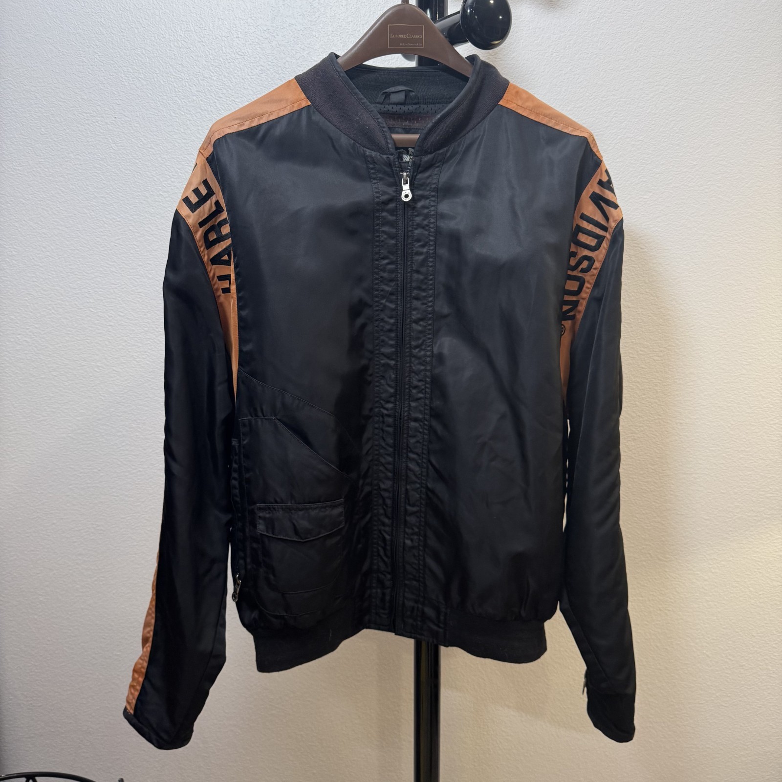 Vintage Harley-Davidson Black And Orange Nylon Bomber Racing Jacket Mens Large