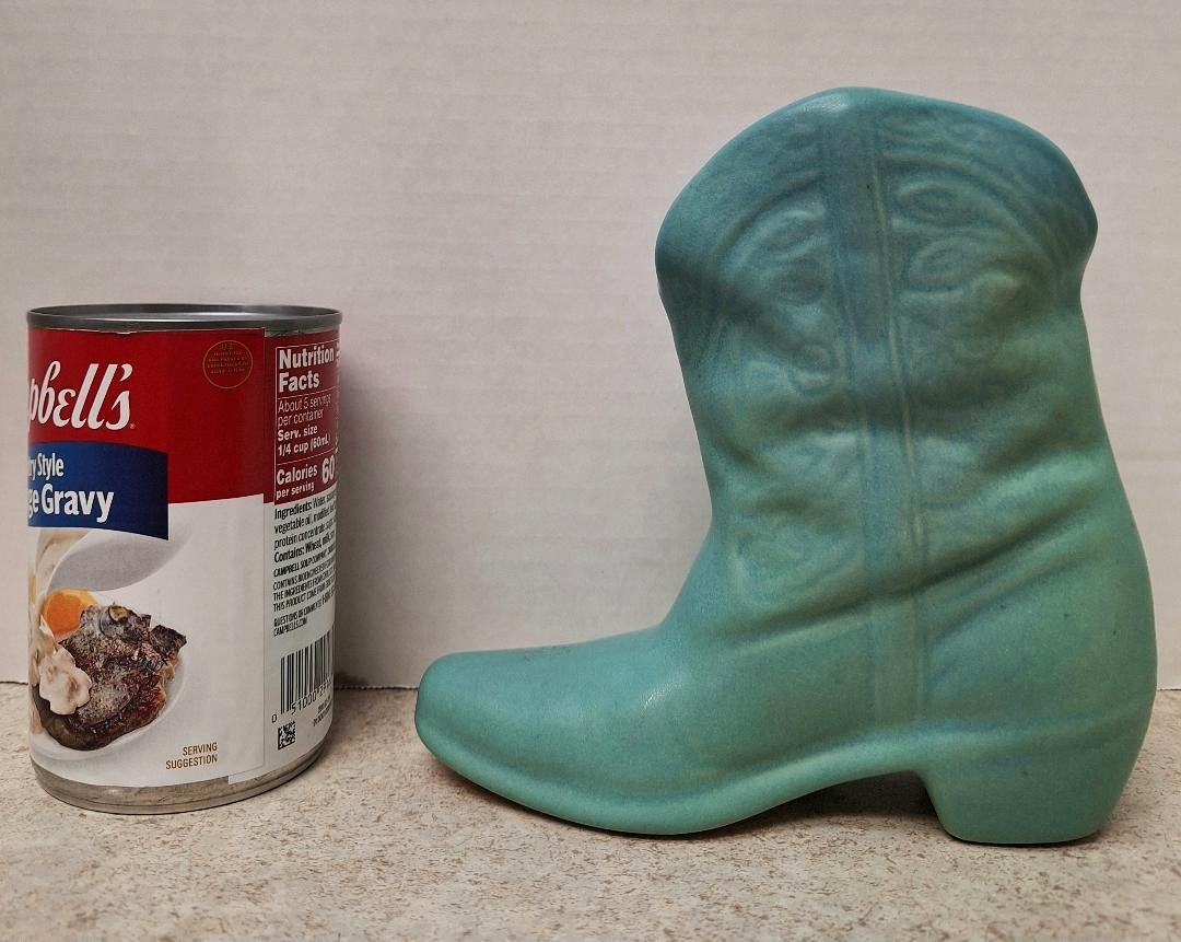 VAN BRIGGLE 6-inch AQUA COWBOY BOOT VASE, excellent condition