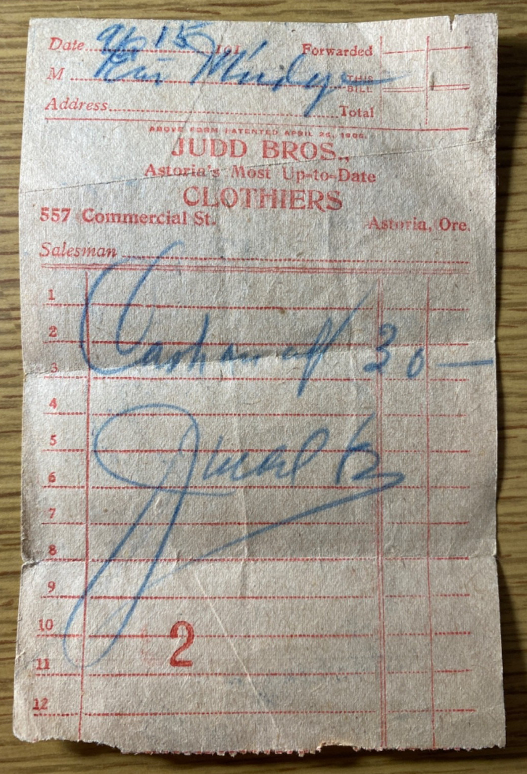 1911 ASTORIA, OREGON - JUDD BROS. CLOTHIERS old store receipt 557 COMMERCIAL ST.