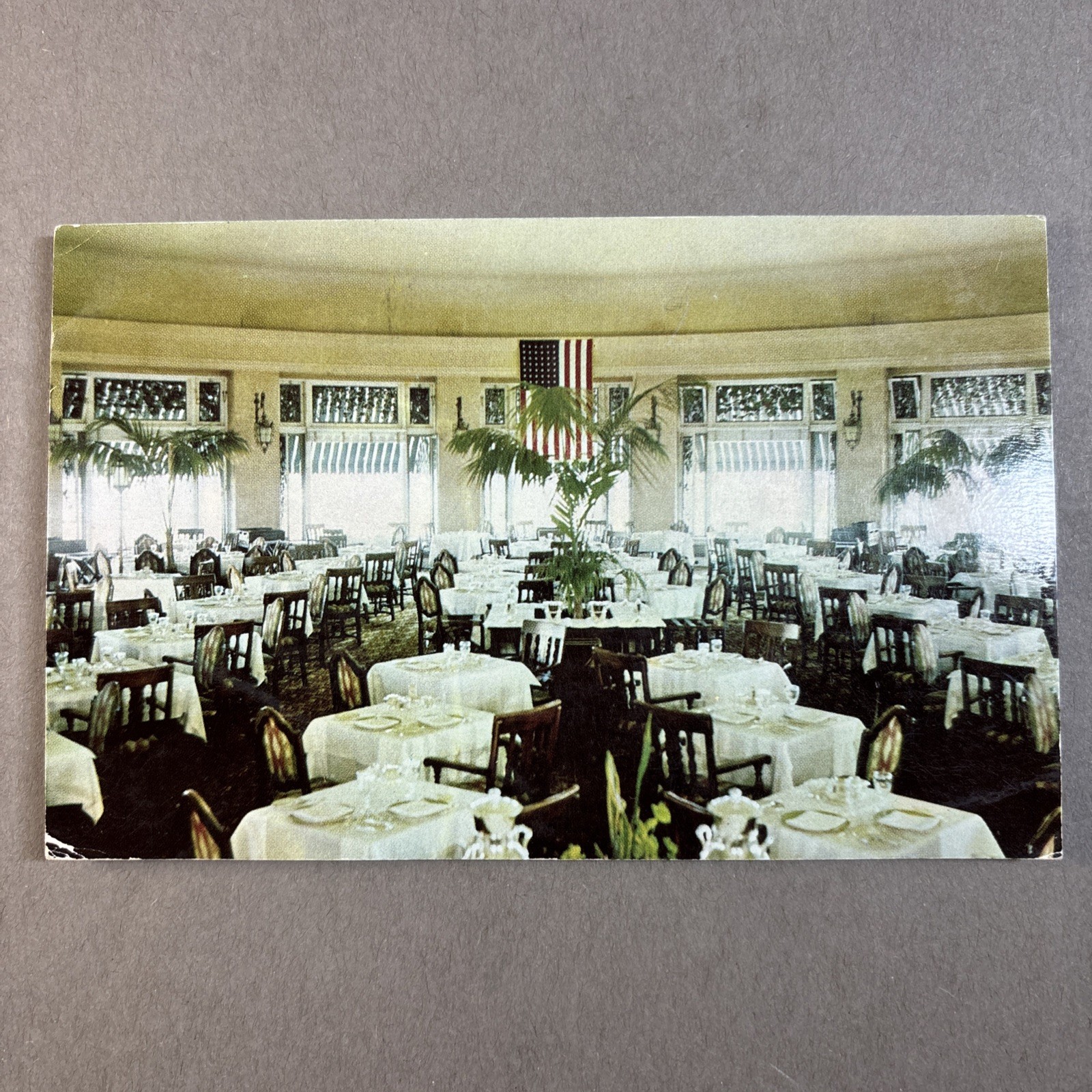 Hotel Hershey PA Dining Room Restaurant TOURIST POSTCARD unp c1953 American Flag