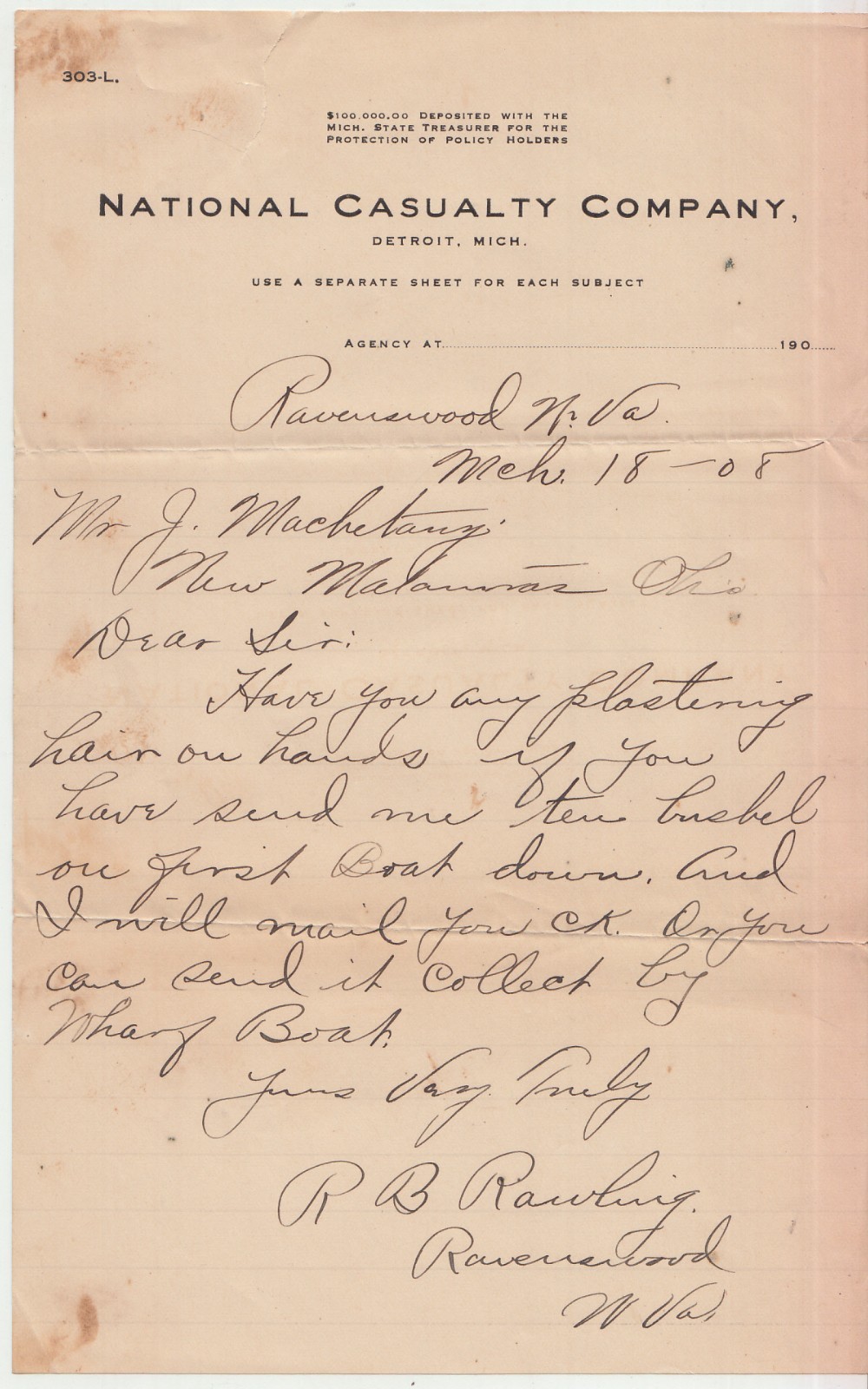 1908 National Casualty Co Detroit MI Ravenswood West Virginia Handwritten Letter