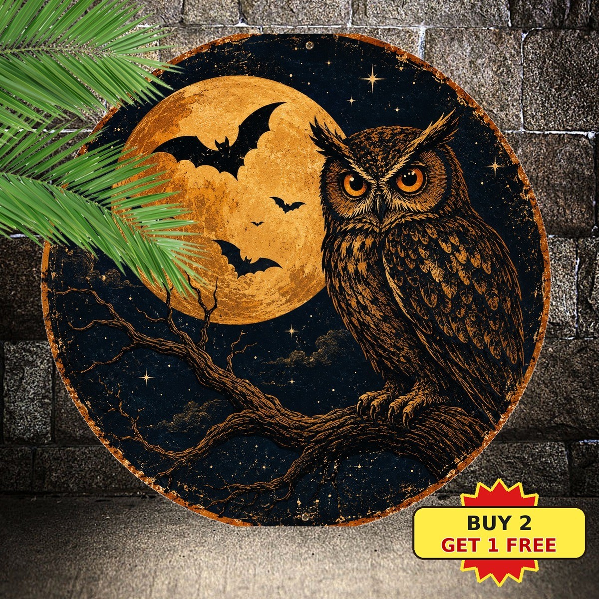 Spooky Owl Halloween Sign Retro Full Moon Bat Gothic Round Metal Plaque 8x8