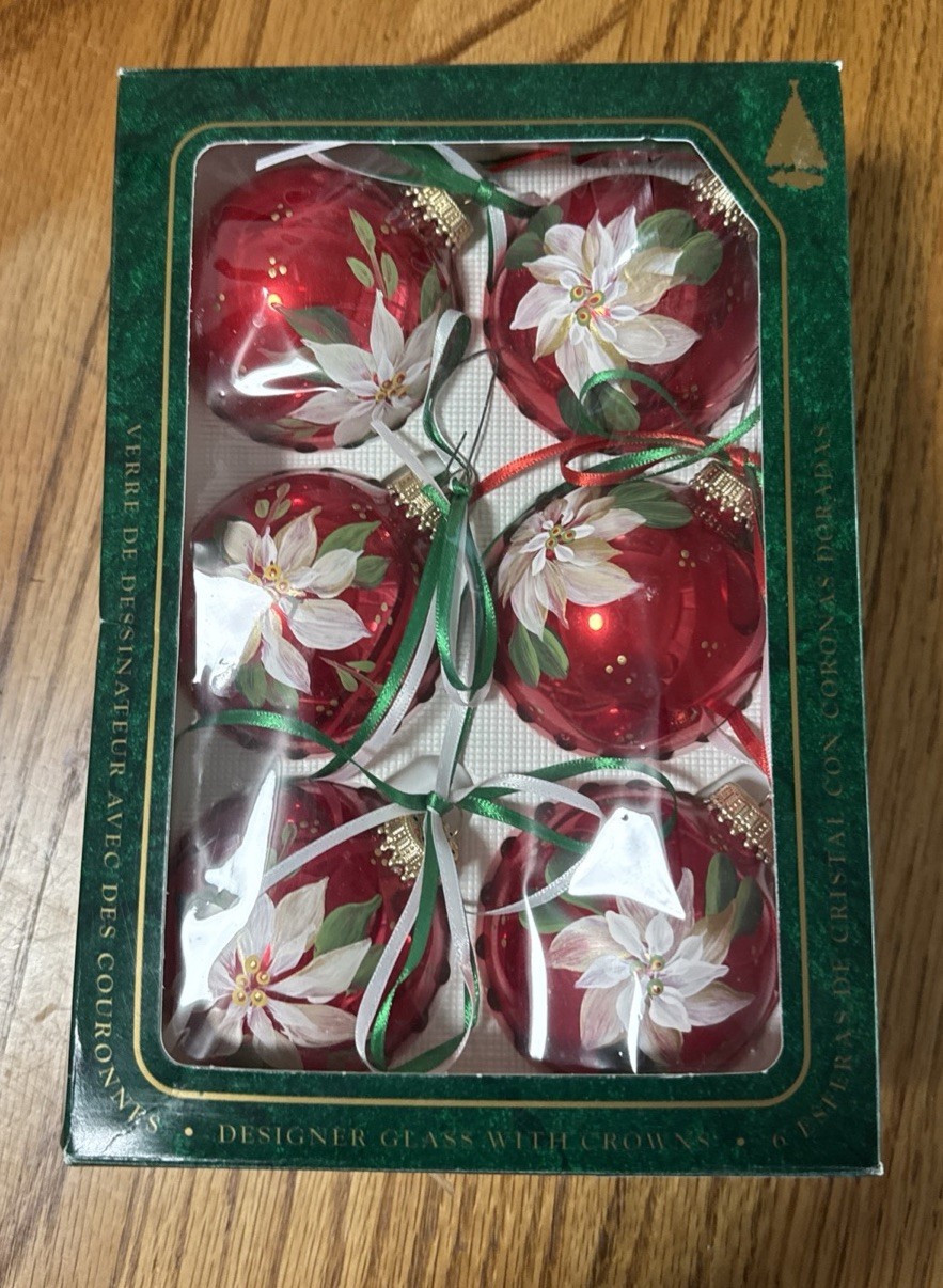 Vintage Christmas By Krebs Hand painted Ornaments Poinsettias- 6 Pack